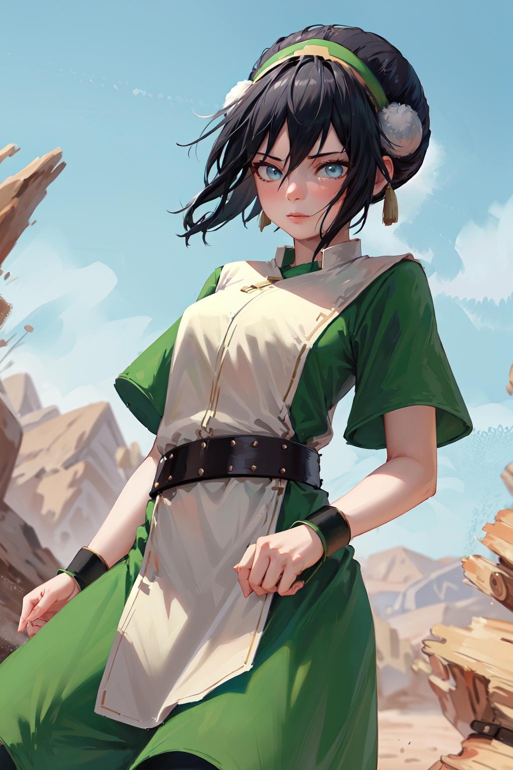 masterpiece, best quality, highres, <lora:toph_beifong_v1:0.75>, 1girl, solo, black hair, hairband, belt, short hair, dress, blue eyes, hair bun, green hairband, blind, chinese clothes, hair bun, green dress, short sleeves, cowboy shot, pelvic curtain, 