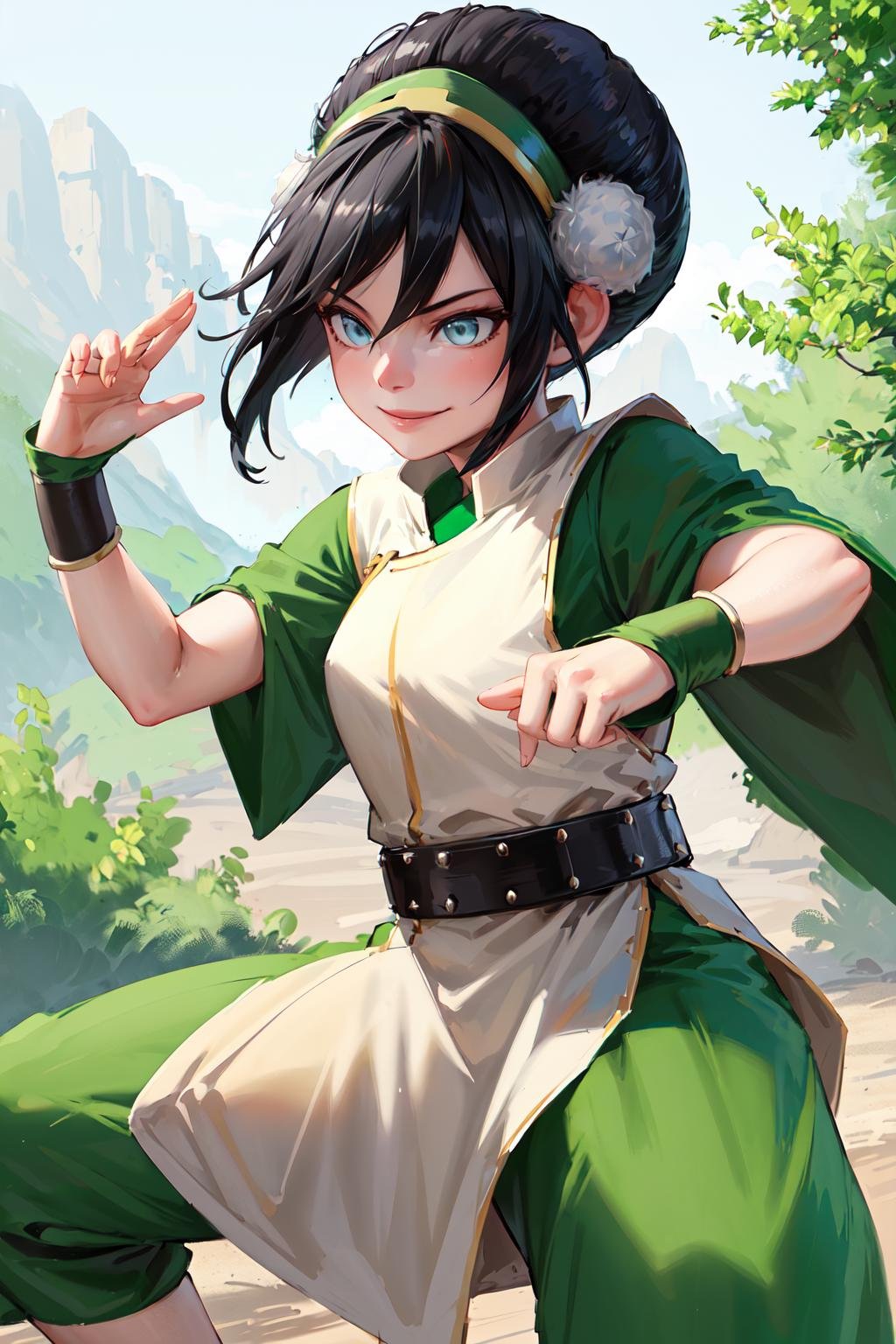 masterpiece, best quality, highres, <lora:toph_beifong_v1:0.7>, 1girl, solo, black hair, hairband, belt, short hair, dress, blue eyes, hair bun, green hairband, blind, chinese clothes, hair bun, green dress, short sleeves, pelvic curtain, smile, fighting stance, 