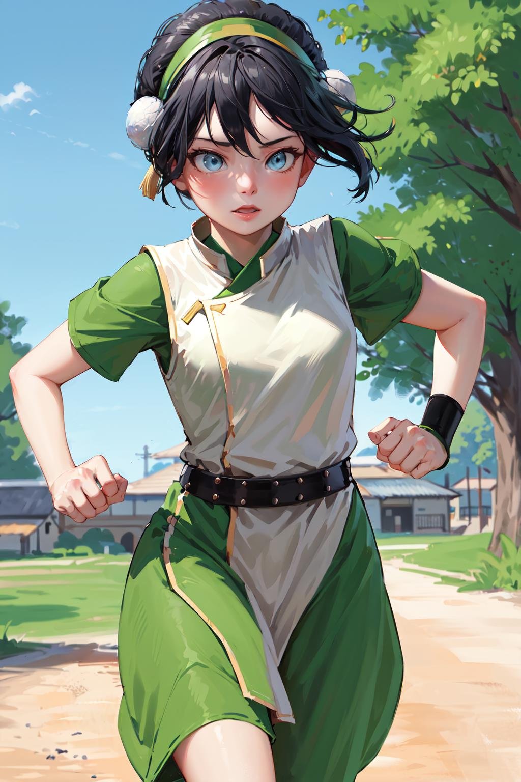 masterpiece, best quality, highres, <lora:toph_beifong_v1:0.7>, 1girl, solo, black hair, hairband, belt, short hair, dress, blue eyes, hair bun, green hairband, blind, chinese clothes, hair bun, green dress, short sleeves, pelvic curtain, park, running