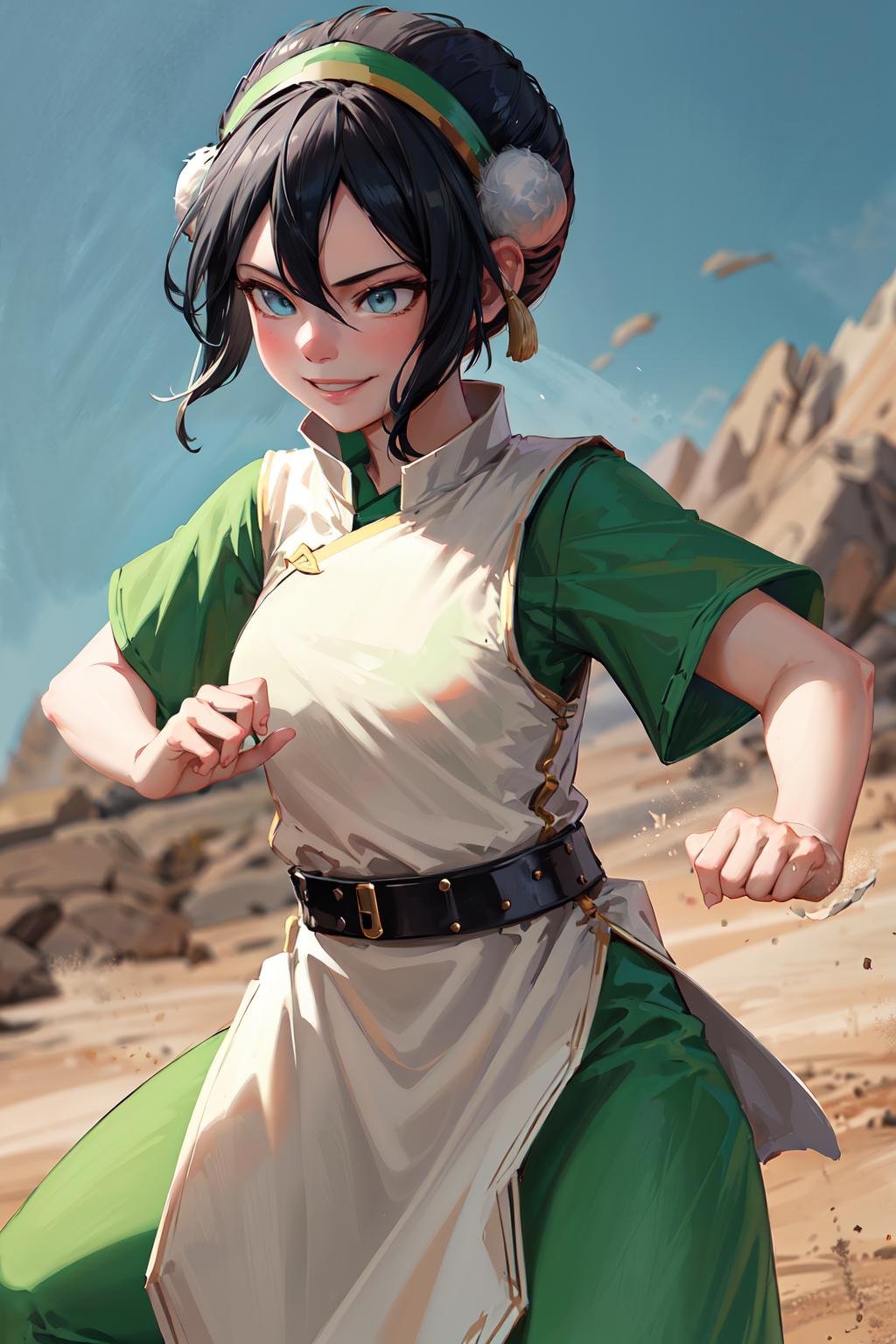 masterpiece, best quality, highres, <lora:toph_beifong_v1:0.7>, 1girl, solo, black hair, hairband, belt, short hair, dress, blue eyes, hair bun, green hairband, blind, chinese clothes, hair bun, green dress, short sleeves, pelvic curtain, smile, fighting stance, 