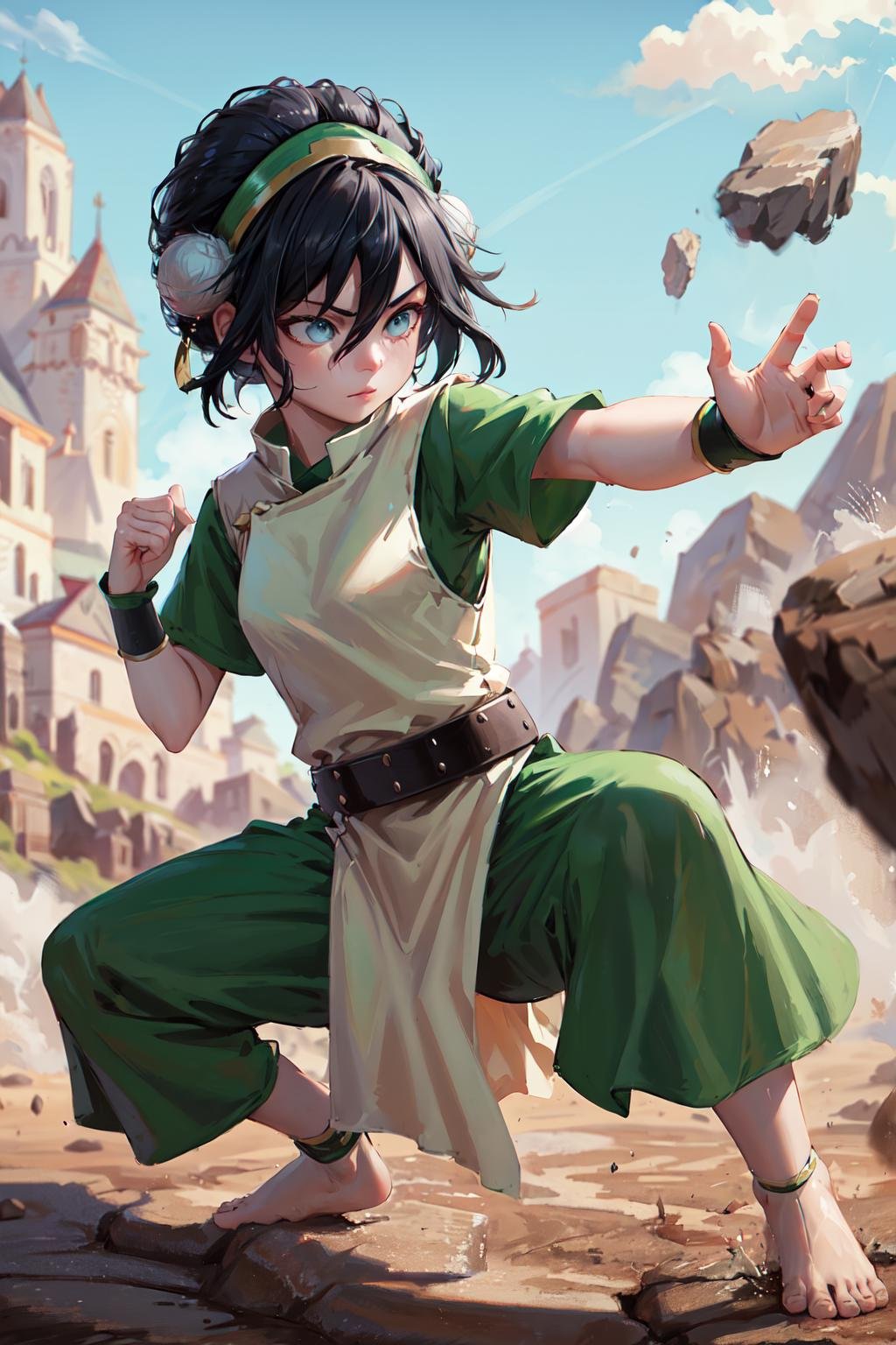 masterpiece, best quality, highres, <lora:toph_beifong_v1:0.75>, 1girl, solo, black hair, hairband, belt, short hair, dress, blue eyes, hair bun, green hairband, blind, chinese clothes, hair bun, green dress, short sleeves, pelvic curtain, barefoot, fighting stance, rock, outdoors,