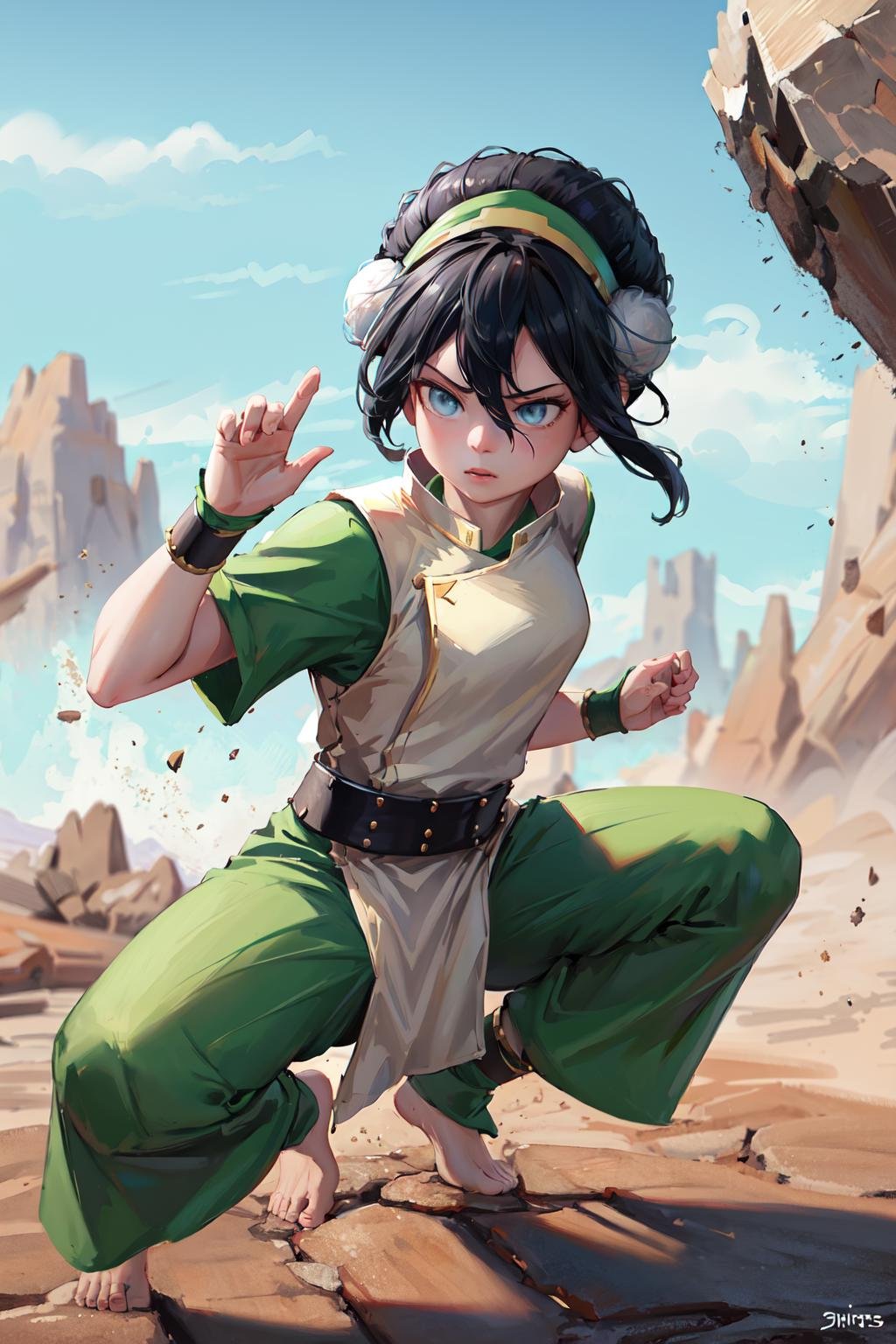 masterpiece, best quality, highres, <lora:toph_beifong_v1:0.75>, 1girl, solo, black hair, hairband, belt, short hair, dress, blue eyes, hair bun, green hairband, blind, chinese clothes, hair bun, green dress, short sleeves, pelvic curtain, barefoot, fighting stance, rock, outdoors,