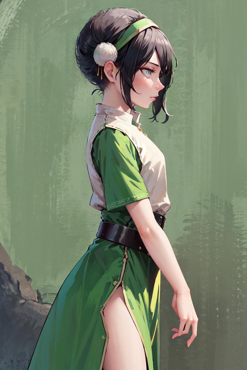 masterpiece, best quality, highres, <lora:toph_beifong_v1:0.7>, 1girl, solo, black hair, hairband, belt, short hair, dress, blue eyes, hair bun, green hairband, blind, chinese clothes, hair bun, green dress, short sleeves, pelvic curtain, cowboy shot, from side, 