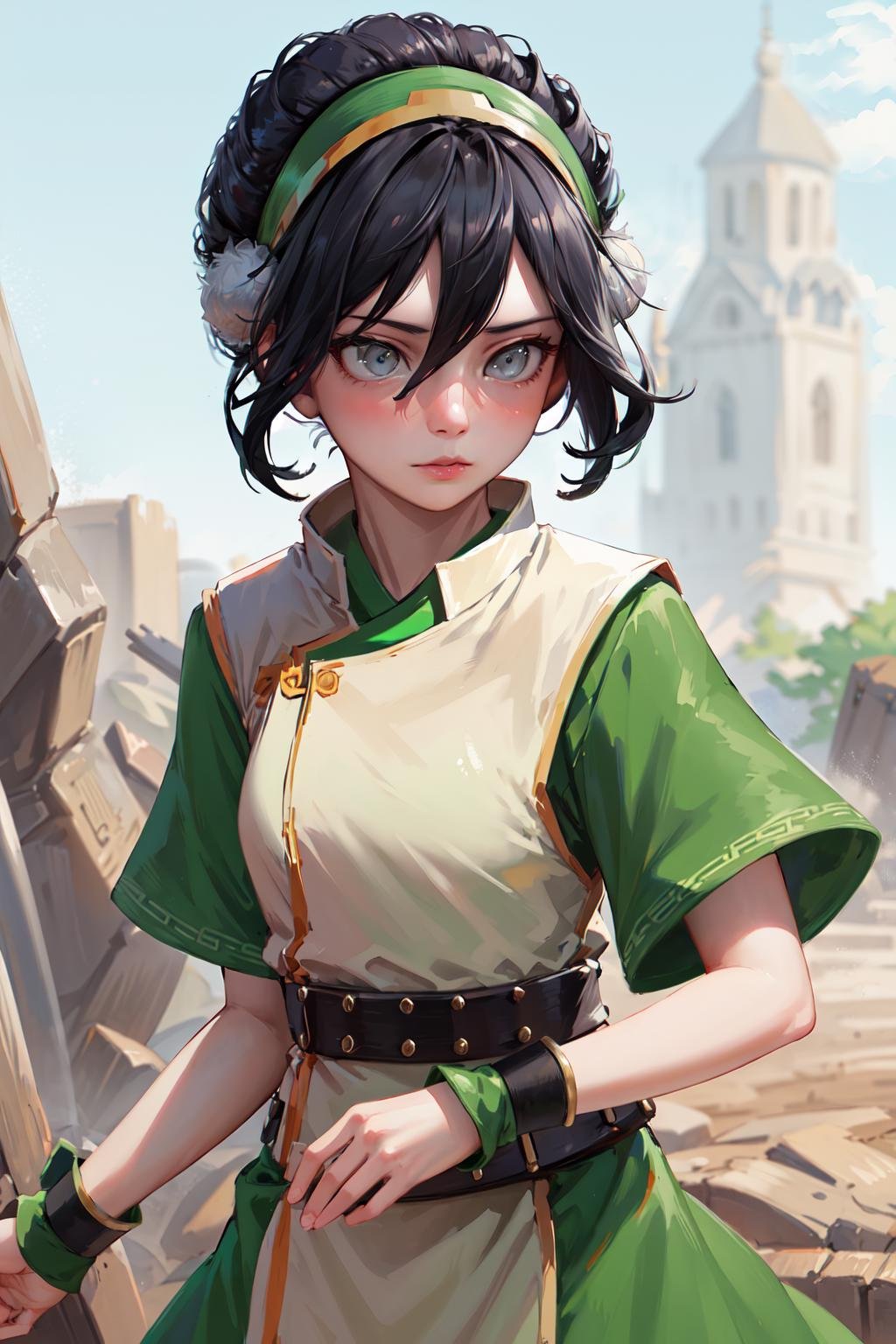 masterpiece, best quality, highres, <lora:toph_beifong_v1:0.75>, 1girl, solo, black hair, hairband, belt, short hair, grey eyes, green hairband, blind, chinese clothes, hair bun, green dress, short sleeves, pelvic curtain,