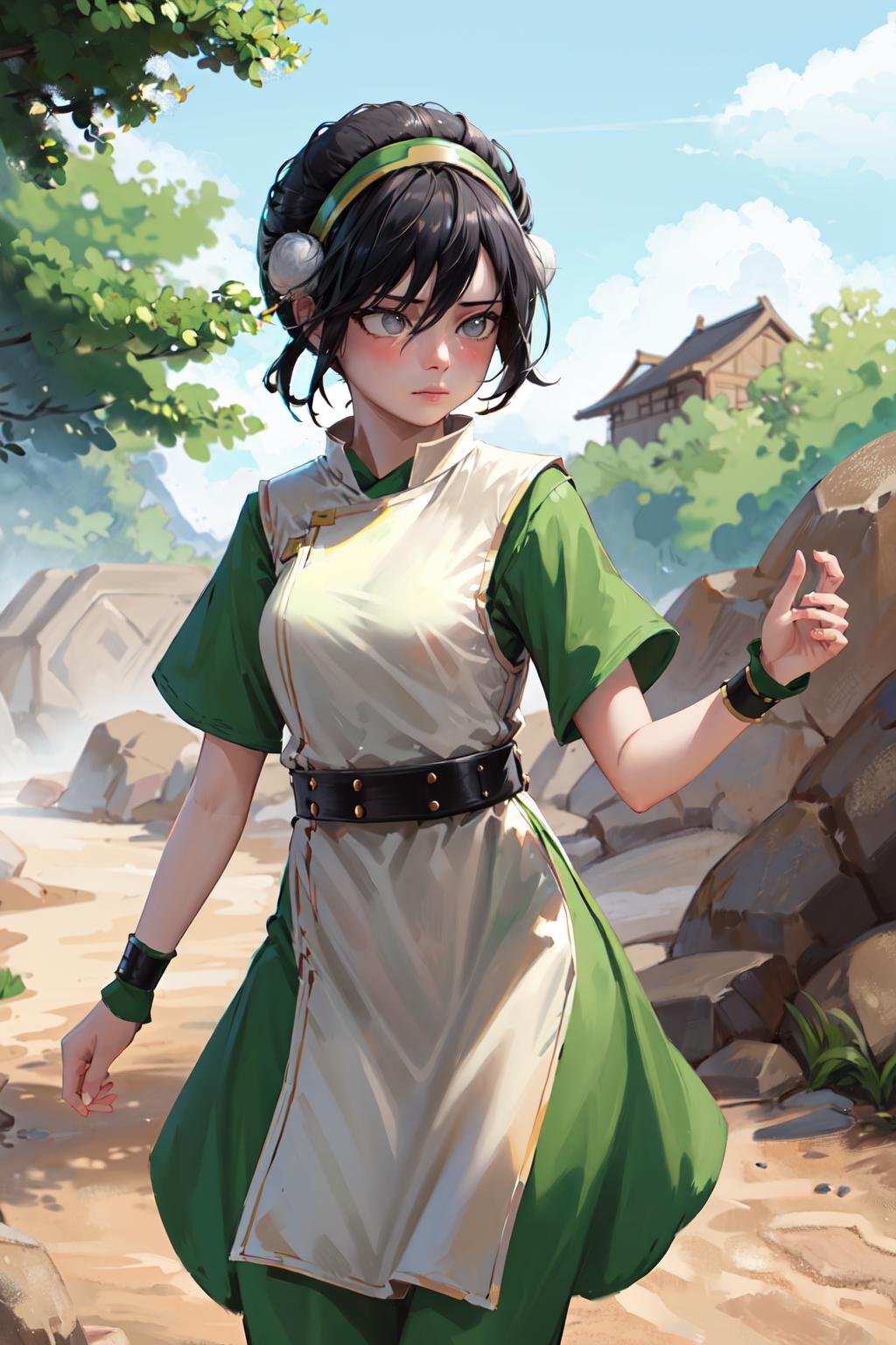 masterpiece, best quality, highres, <lora:toph_beifong_v1:0.75>, 1girl, solo, black hair, hairband, belt, short hair, grey eyes, green hairband, blind, chinese clothes, hair bun, green dress, short sleeves, pelvic curtain, cowboy shot, standing, outdoors,