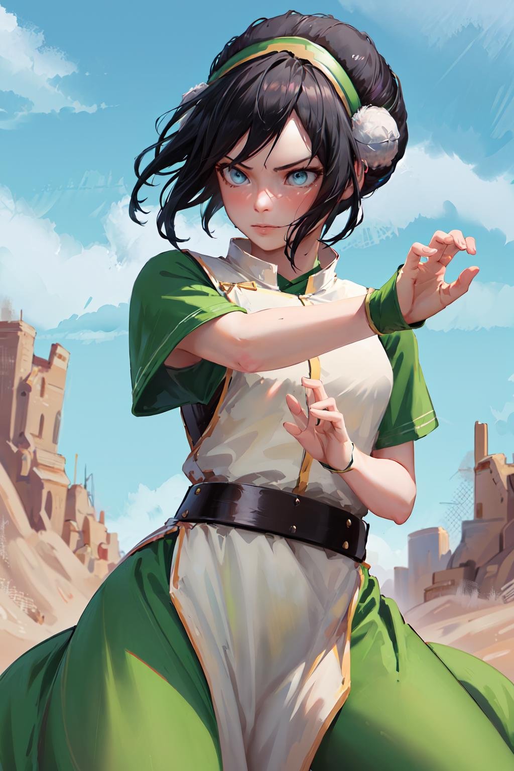 masterpiece, best quality, highres, <lora:toph_beifong_v1:0.75>, 1girl, solo, black hair, hairband, belt, short hair, dress, blue eyes, hair bun, green hairband, blind, chinese clothes, hair bun, green dress, short sleeves, cowboy shot, pelvic curtain, fighting stance, 