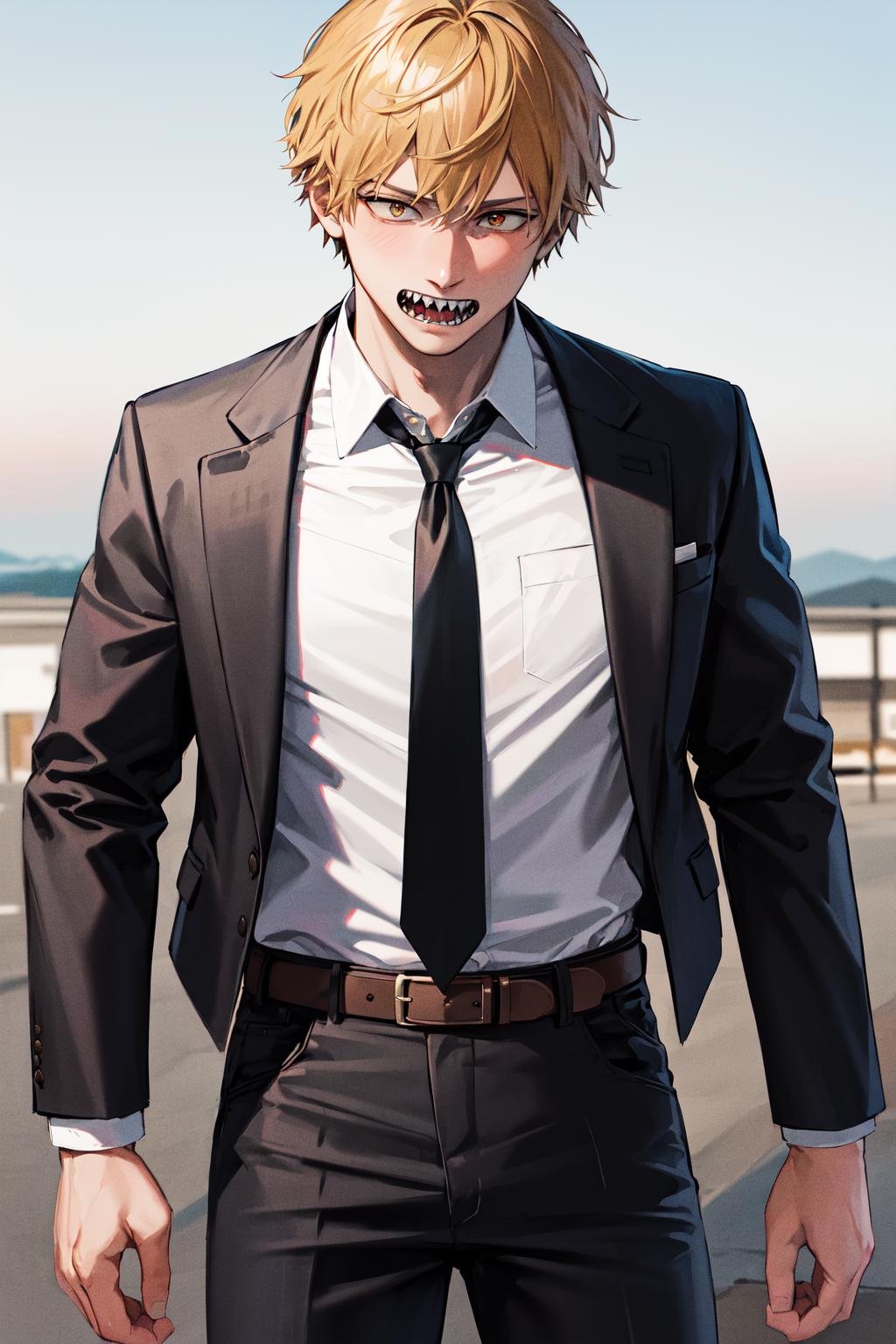 masterpiece, best quality, highres, dja, black necktie, white shirt, collared shirt, black pants, belt, short hair, sharp teeth, <lora:denji_v2:0.6>, cowboy shot, black jacket, 