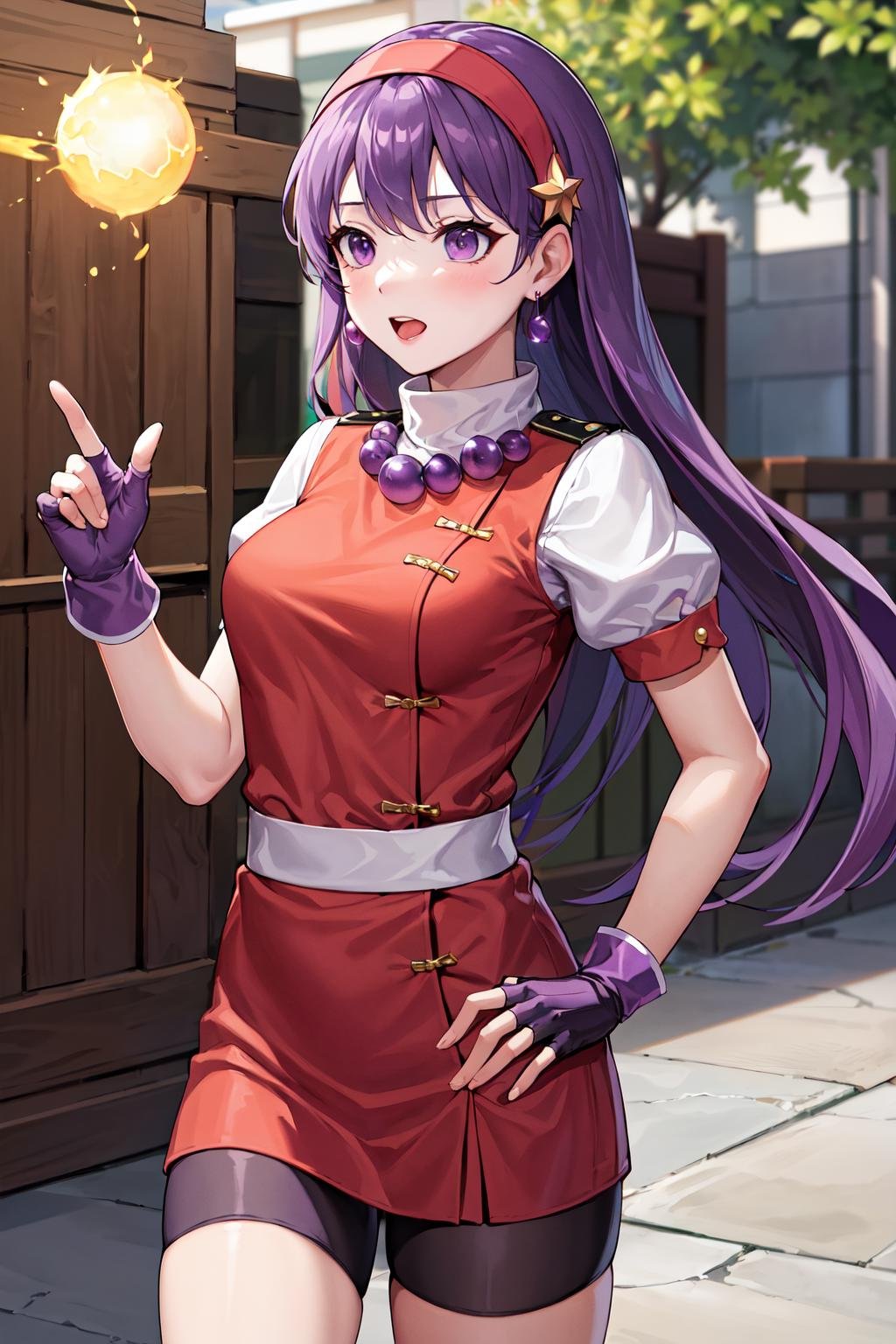 masterpiece, best quality, highres, aa1, purple hair, long hair, hairband, long hair, necklace, bike shorts, earrings, red dress, medium breasts, puffy short sleeves, white sleeves, wristband, fingerless gloves, <lora:asamiya_athena:0.6>, cowboy shot, (magic:1.3), (command spell:1.3), outdoor,