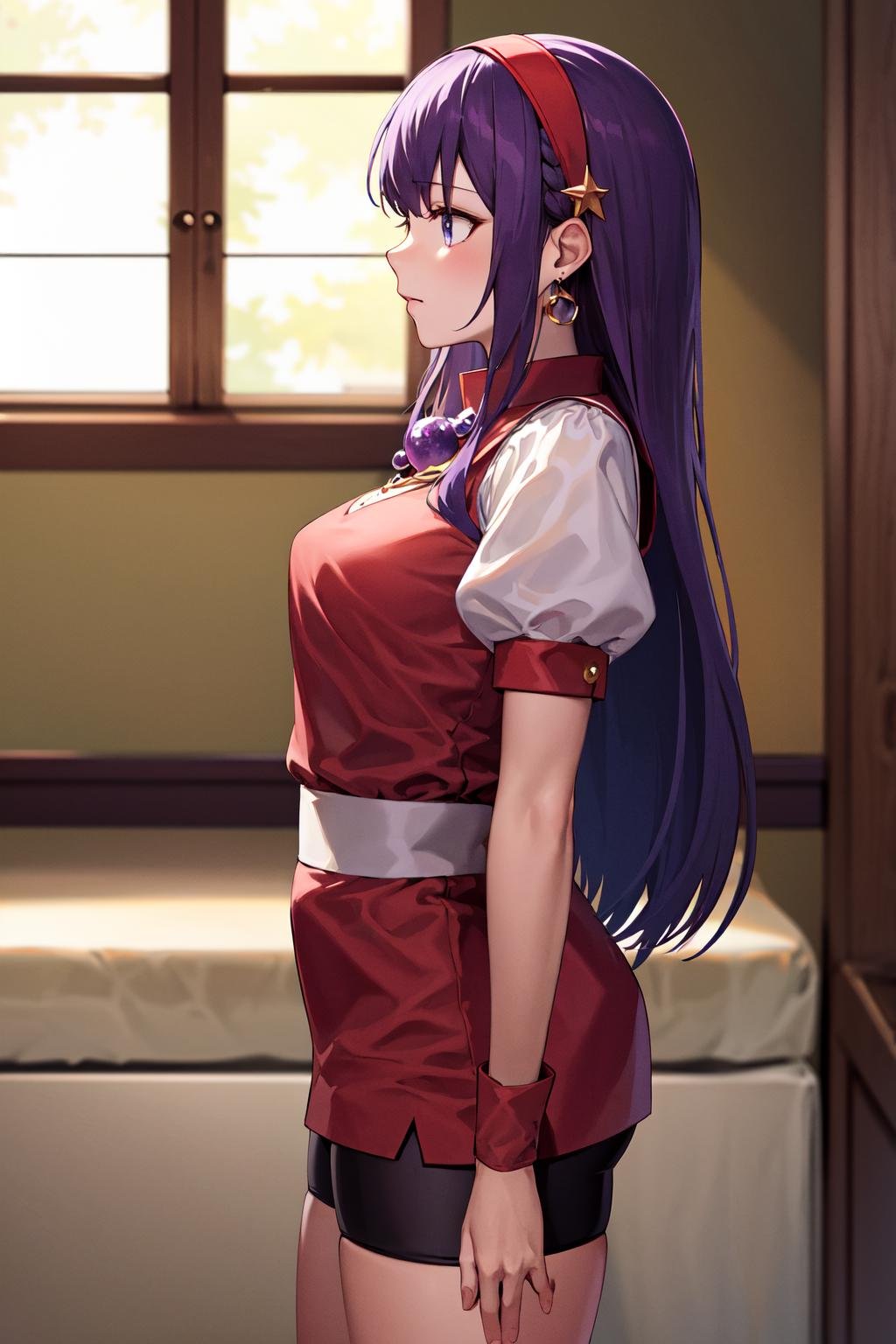 masterpiece, best quality, highres, aa1, purple hair, long hair, hairband, long hair, necklace, bike shorts, earrings, red dress, medium breasts, puffy short sleeves, white sleeves, wristband, <lora:asamiya_athena:0.6>, from side, indoors, windows,