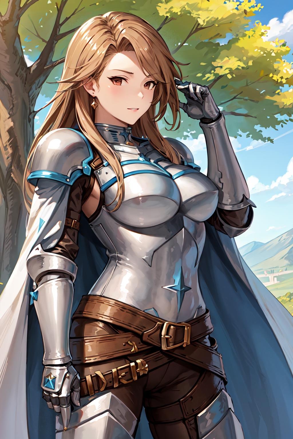 masterpiece, best quality, highres, katalina (granblue fantasy), armor, gauntlets, belt, breastplate, shoulder armor, cape, pauldrons, pants, <lora:katalina_v1:0.6>, cowboy shot, outdoors,