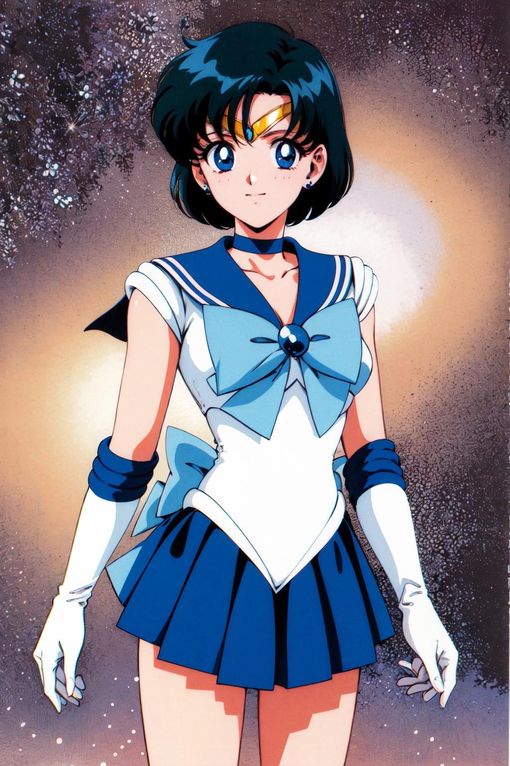 masterpiece, best quality, highres, mer1, tiara, sailor senshi uniform, blue sailor collar, bow, knee boots, choker, white gloves, blue choker, elbow gloves, jewelry, earrings, blue skirt, <lora:mercury_v2:0.7>, cowboy shot, standing, space_background, 1990s \(style\), 