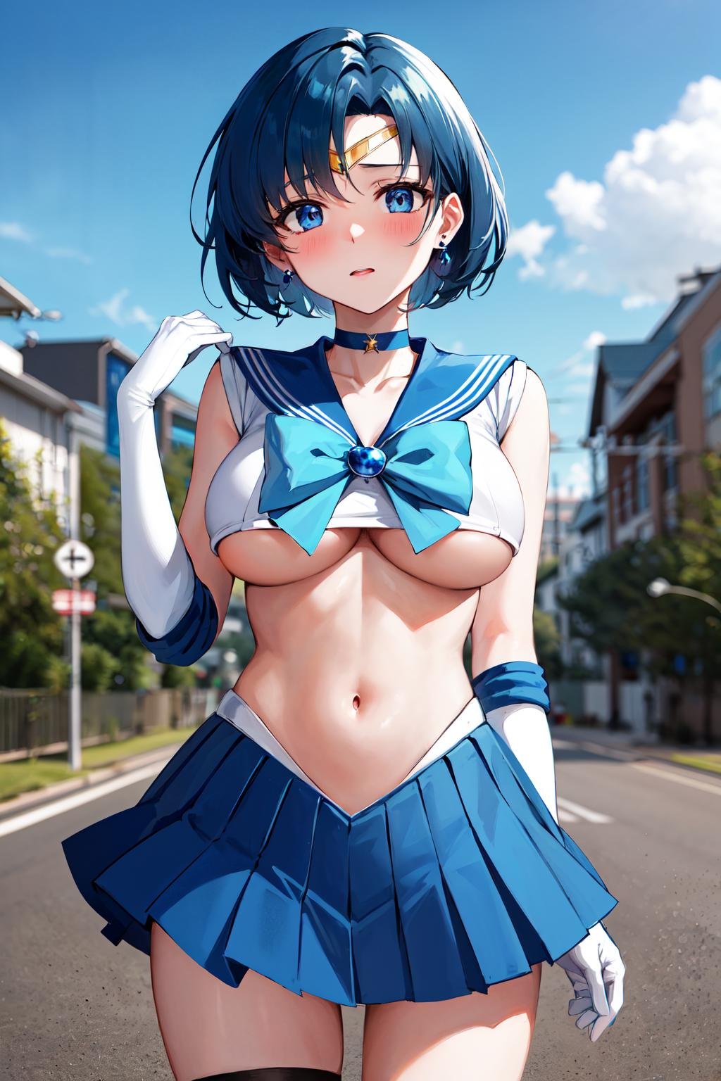 masterpiece, best quality, highres, mer1, tiara, sailor senshi uniform, blue sailor collar, bow, knee boots, choker, white gloves, blue choker, elbow gloves, jewelry, earrings, blue skirt, <lora:mercury_v2:0.7>, underboob, navel, cowboy shot, embarrassed, outdoors,