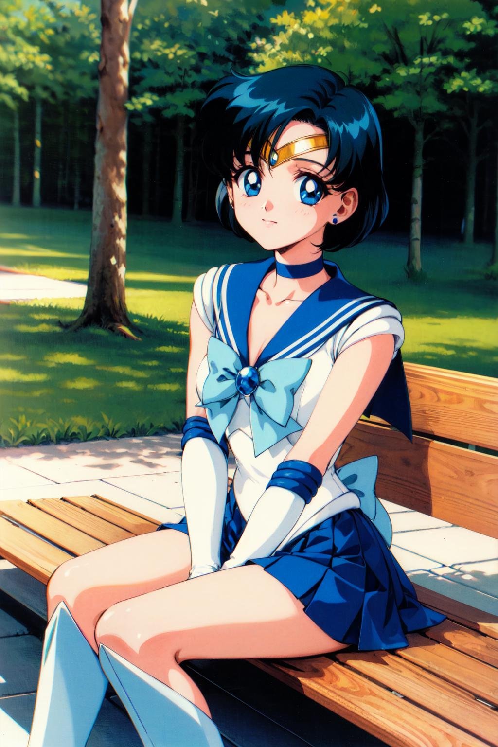 masterpiece, best quality, highres, mer1, tiara, sailor senshi uniform, blue sailor collar, bow, knee boots, choker, white gloves, blue choker, elbow gloves, jewelry, earrings, blue skirt, <lora:mercury_v2:0.7>, cowboy shot, 1990s \(style\), sitting, bench