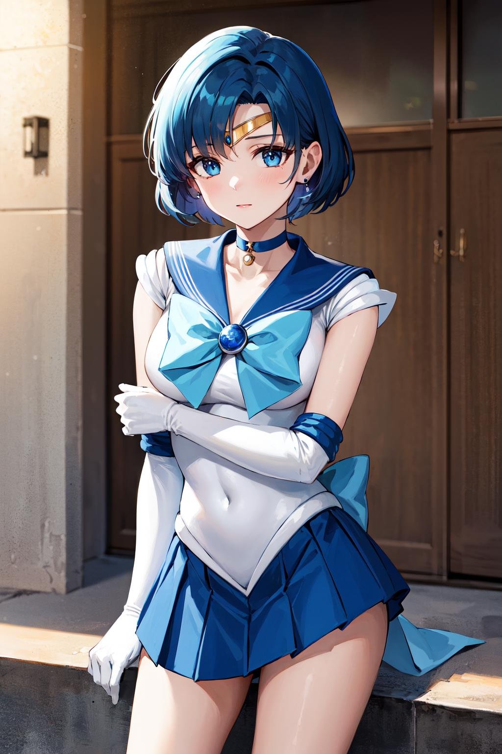 masterpiece, best quality, highres, mer1, tiara, sailor senshi uniform, blue skirt, blue sailor collar, tiara, bow, knee boots, choker, white gloves, blue choker, elbow gloves, jewelry, earrings, pleated skirt, <lora:mercury_v2:0.7>, cowboy shot, outdoors