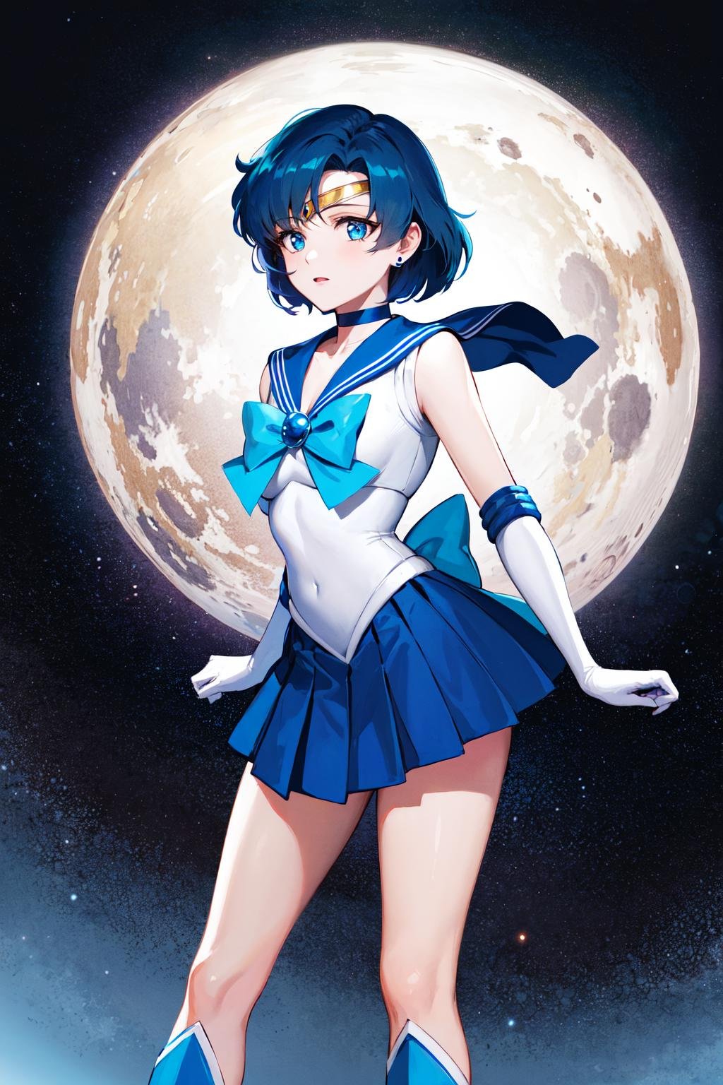 masterpiece, best quality, highres, mer1, tiara, sailor senshi uniform, blue sailor collar, bow, knee boots, choker, white gloves, blue choker, elbow gloves, jewelry, earrings, blue skirt, <lora:mercury_v2:0.7>, cowboy shot, standing, space_background