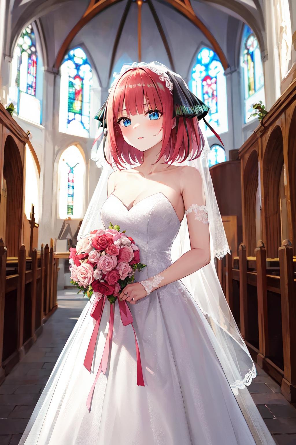 masterpiece, best quality, highres, nn1, 1girl, hair ribbon, short hair, <lora:nakano_nino_v10:0.8>, wedding dress, wedding_veil, bouquet,  church, cowboy shot,