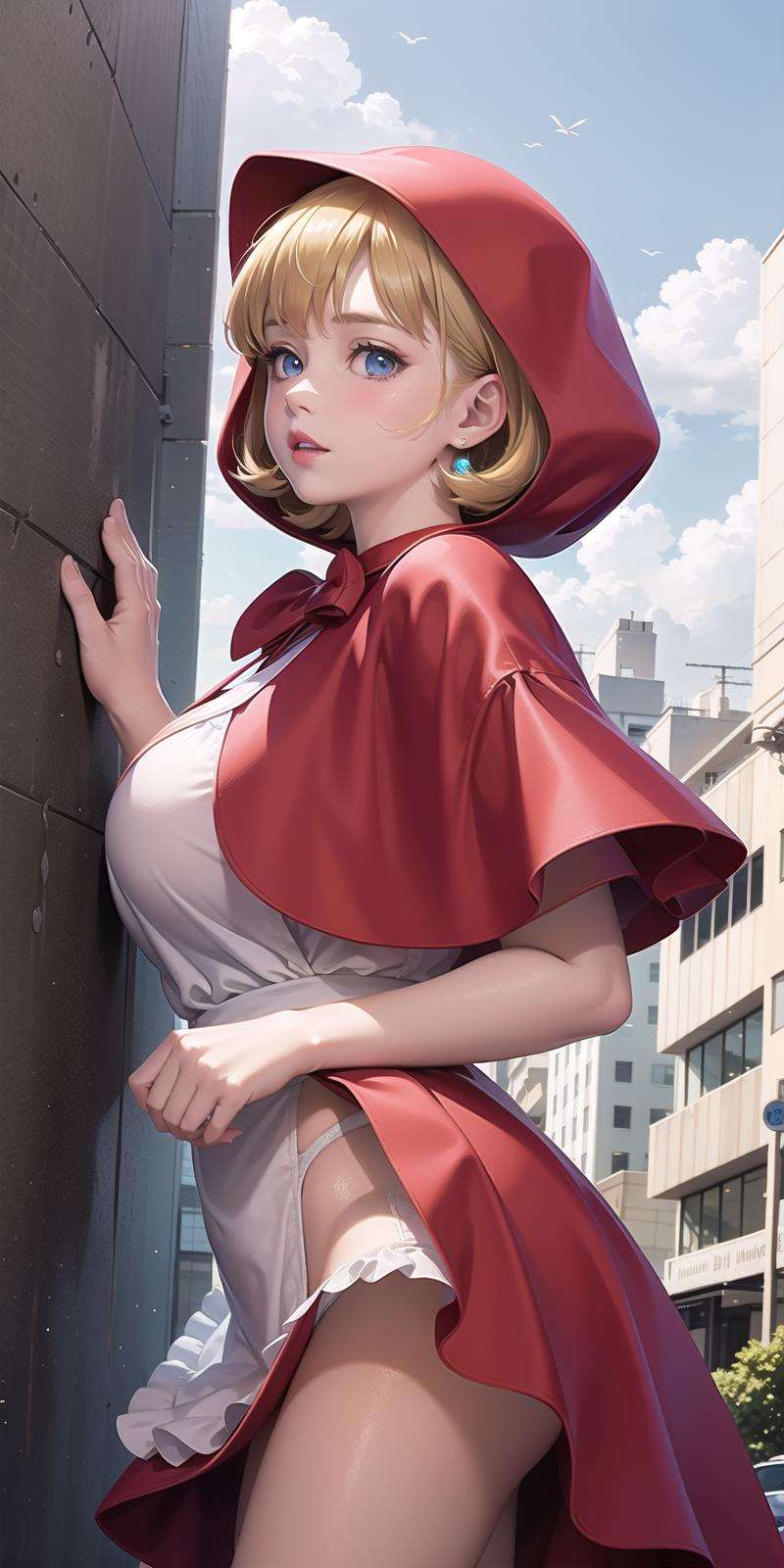 red hood,  blonde hair, blue eyes, short hair, underwear,  red dress,puffy sleeves, puffy short sleeves, white apron,  red capelet,(huge breasts:1.4,) upper body, from front,  cameltoe, white panties, skirt lift,jewelry, hands on chest,see-through, looking at viewer,  hair ornament, choker, shy,(masterpiece, top quality, best quality, official art, beautiful and aesthetic:1.2), (1 girl), extreme detailed,  colorful, highest detailed,city,street, leaning,  wall, sun, cloud,