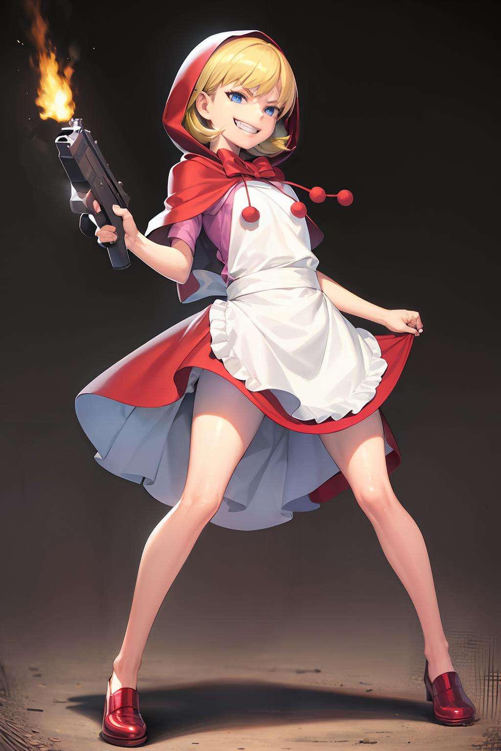 masterpiece, best quality, <lora:bbh:1>,1girl, solo, blonde hair, dual wielding, weapon, gun, holding, hood, dress, apron, grin,little red riding hood (grimm), evil smile, shaded face, submachine gun, crazy eyes, teeth, standing, evil grin, full body