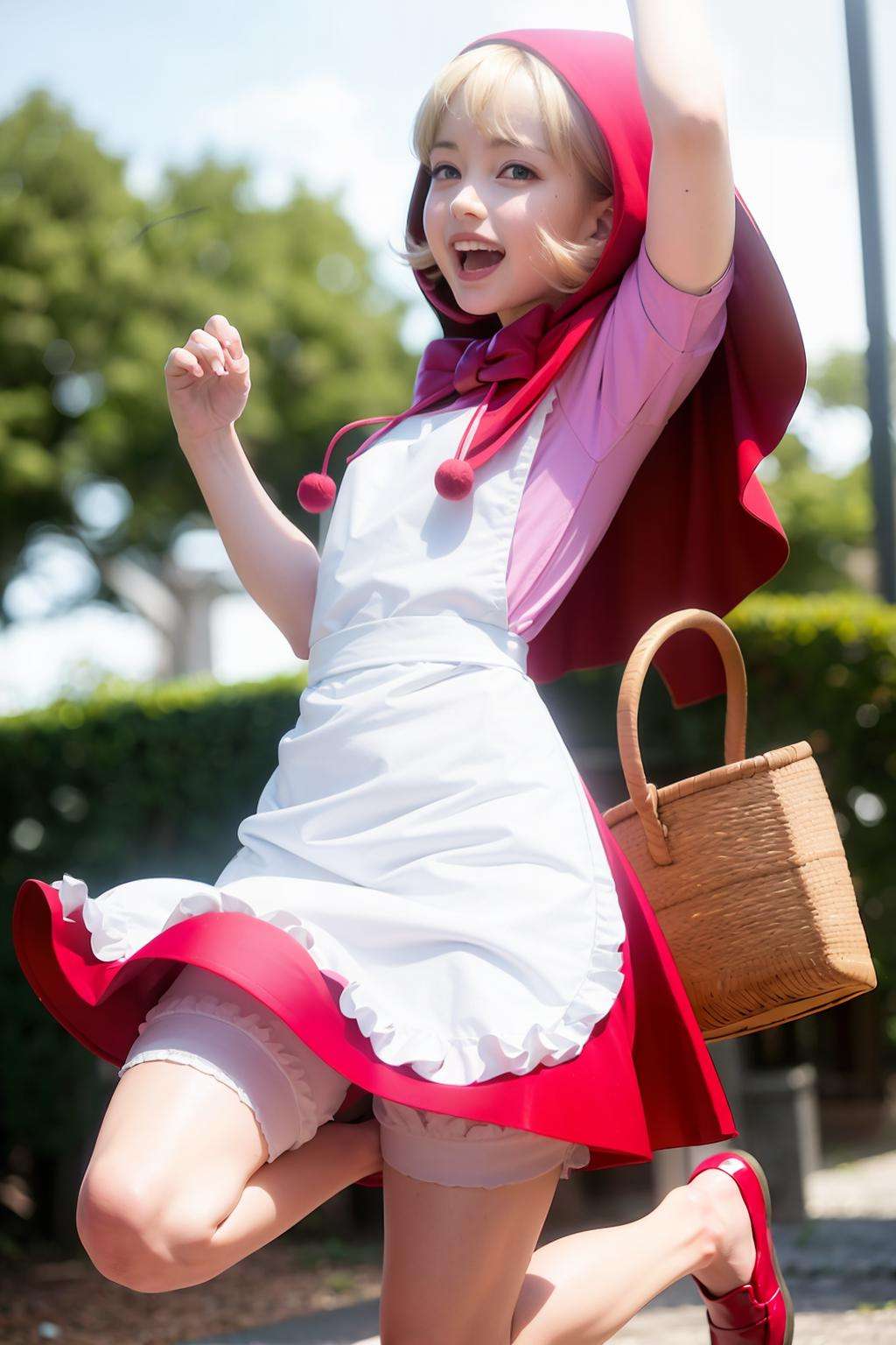 masterpiece, best quality, <lora:bbh:1>,outdoors,1girl, blonde hair, solo, blue eyes, explosive, open mouth, basket, grenade, short hair, dress, underwear, smile, bloomers, looking at viewer, red hood, hood, short sleeves, red footwear, bomb, apron, gradient, :d, upper teeth only, breasts, teeth, red dress,  capelet,  jumping, puffy sleeves, shoes, small breasts, picnic basket, arm up, puffy short sleeves, white apron, white bloomers, red capelet
