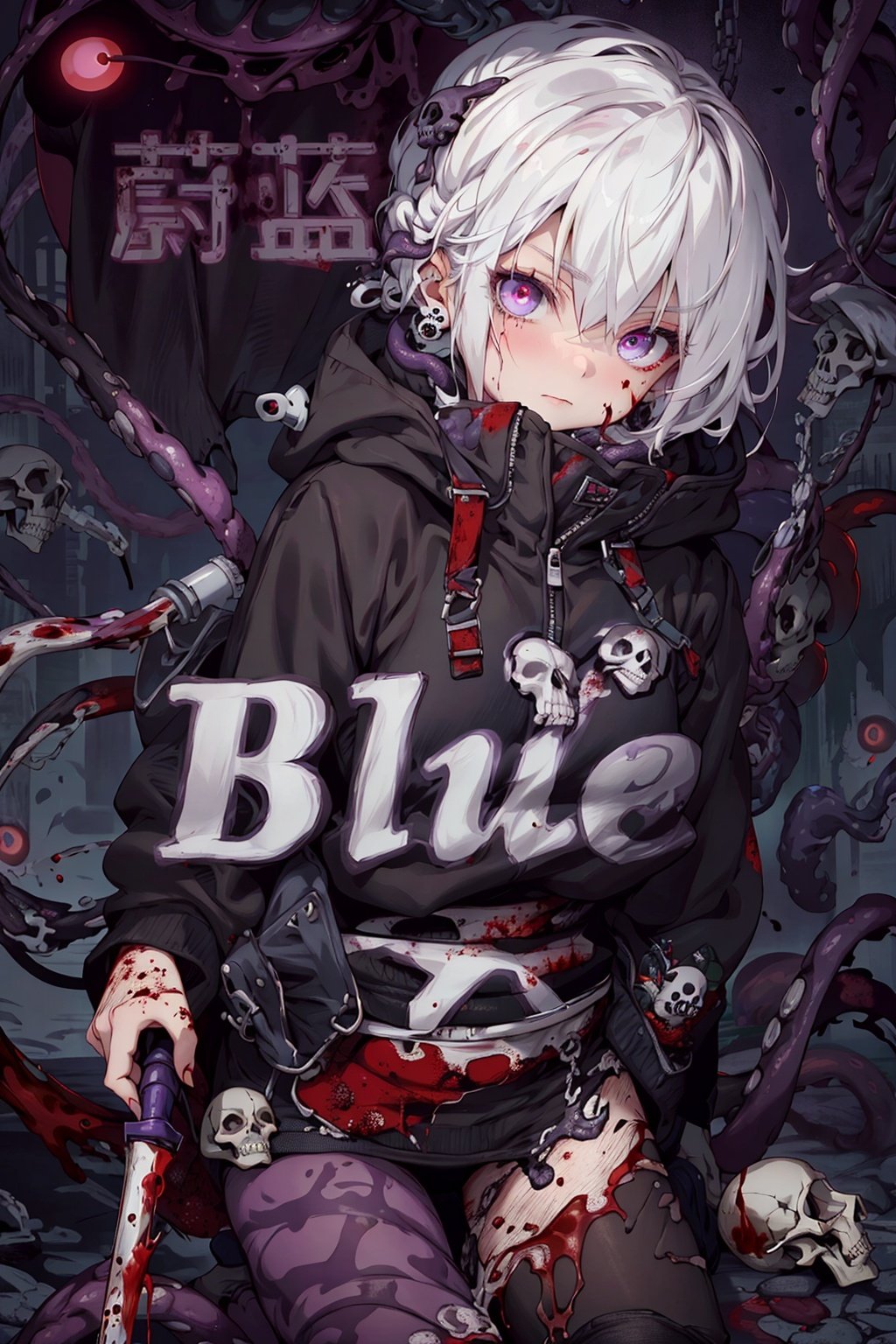 masterpiece,best_quality,concept_art,1girl,solo,loli,Necromancer,white_hair,long_jacket,purple_eyes,purple_liquid,wand,partly_bangs,hair_between_eyes,sneakers,black_legwear,((tentacles,skull,nightmare,flouting_eyeballs,blood))