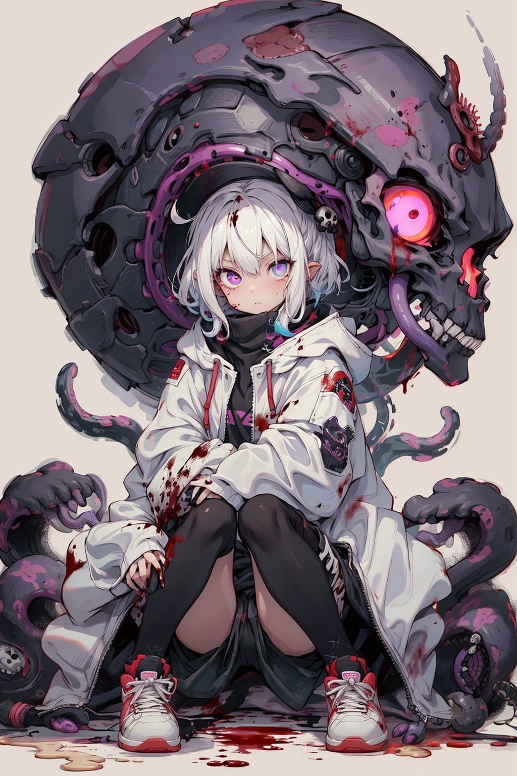 masterpiece,best_quality,concept_art,1girl,solo,loli,Necromancer,white_hair,long_jacket,purple_eyes,purple_liquid,wand,partly_bangs,hair_between_eyes,sneakers,black_legwear,((tentacles,skull,nightmare,flouting_eyeballs,blood)),32k,高清