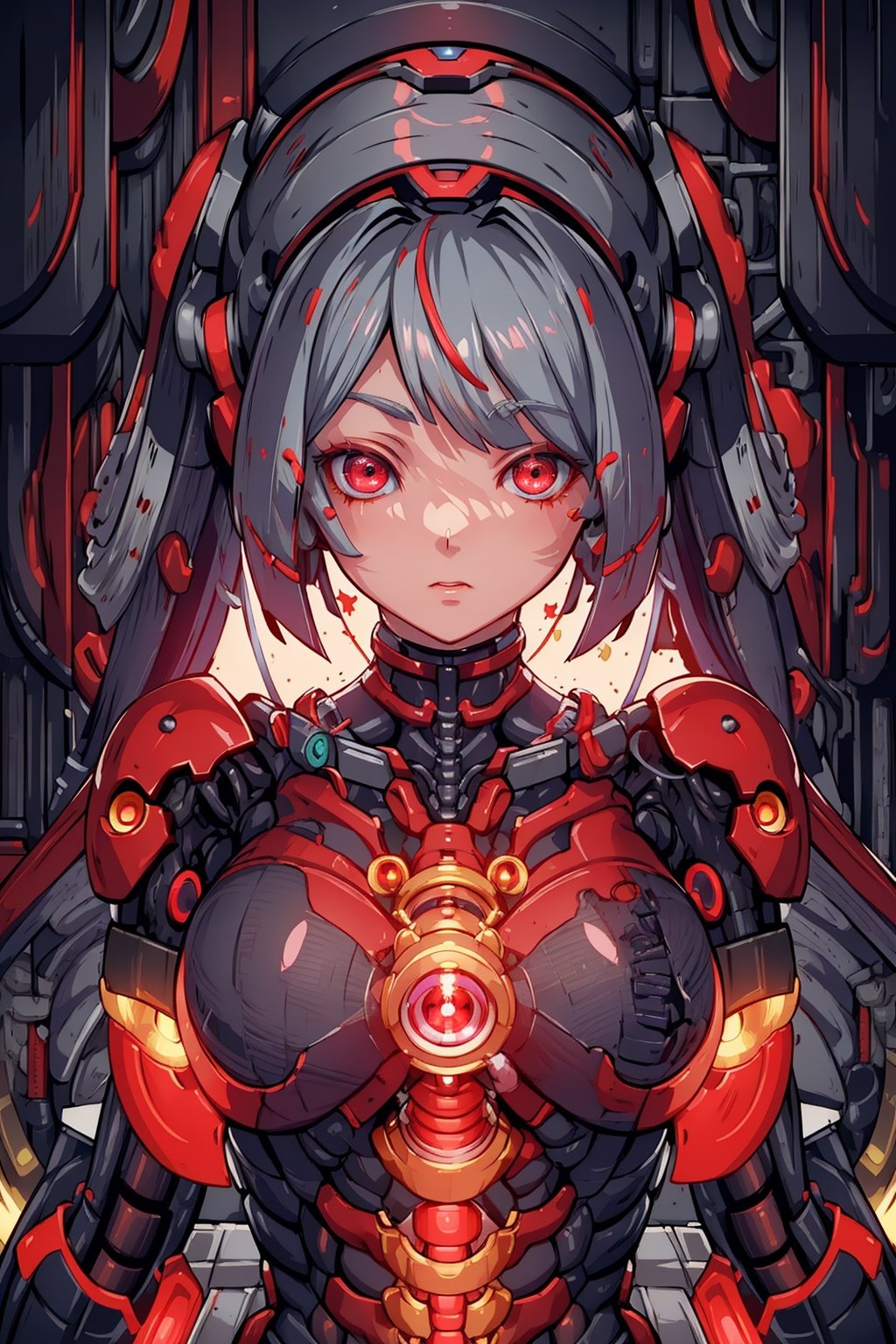 masterpiece,best quality, ((upper body)),one robot girl, (solo:1.2), (growing) red eyes, Mechanical skin, Mechanical joints, close up Meta, background is Cybernetic Laboratory, wake up, kaleidoscope, neon light effect,.,Hd