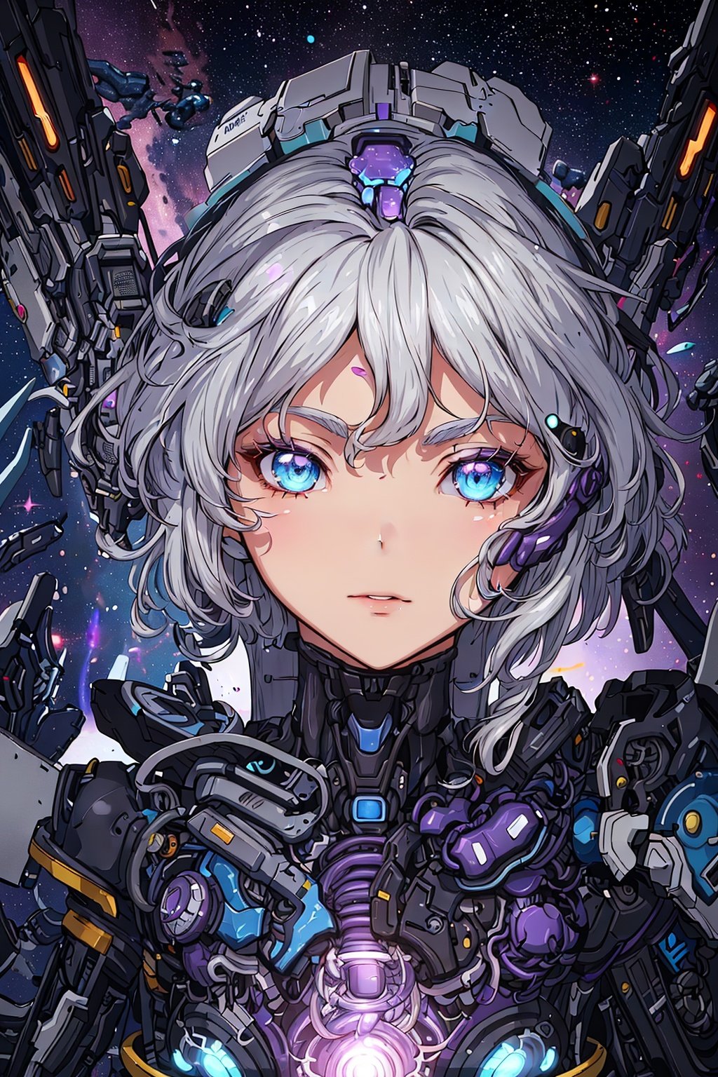 best quality,extremely detailed,detailed background,anime,a young beautiful girl,very long rainbow hair,(close shot),extremely detailed face,an extremely delicate and beautiful mecha girl,extremely detailed eyes,(floating silver grey hair),(Iridescence and rainbow hair),(gradient color mecha clothes),(black and blue and purple mecha clothes),Iridescence and rainbow mecha,（bodysuit：0.8）,(cyberpunk),((scifi)),((sci-fi)),night,space,horizon,beautiful detailed starry sky,top of the city,(dynamic posture),solo focus,close up,depth of field,bokeh,cinematic lighting,atmospheric lighting,science fiction,close up shot,close-up photo,(close to the camera),close to the lens,(close to the viewer)