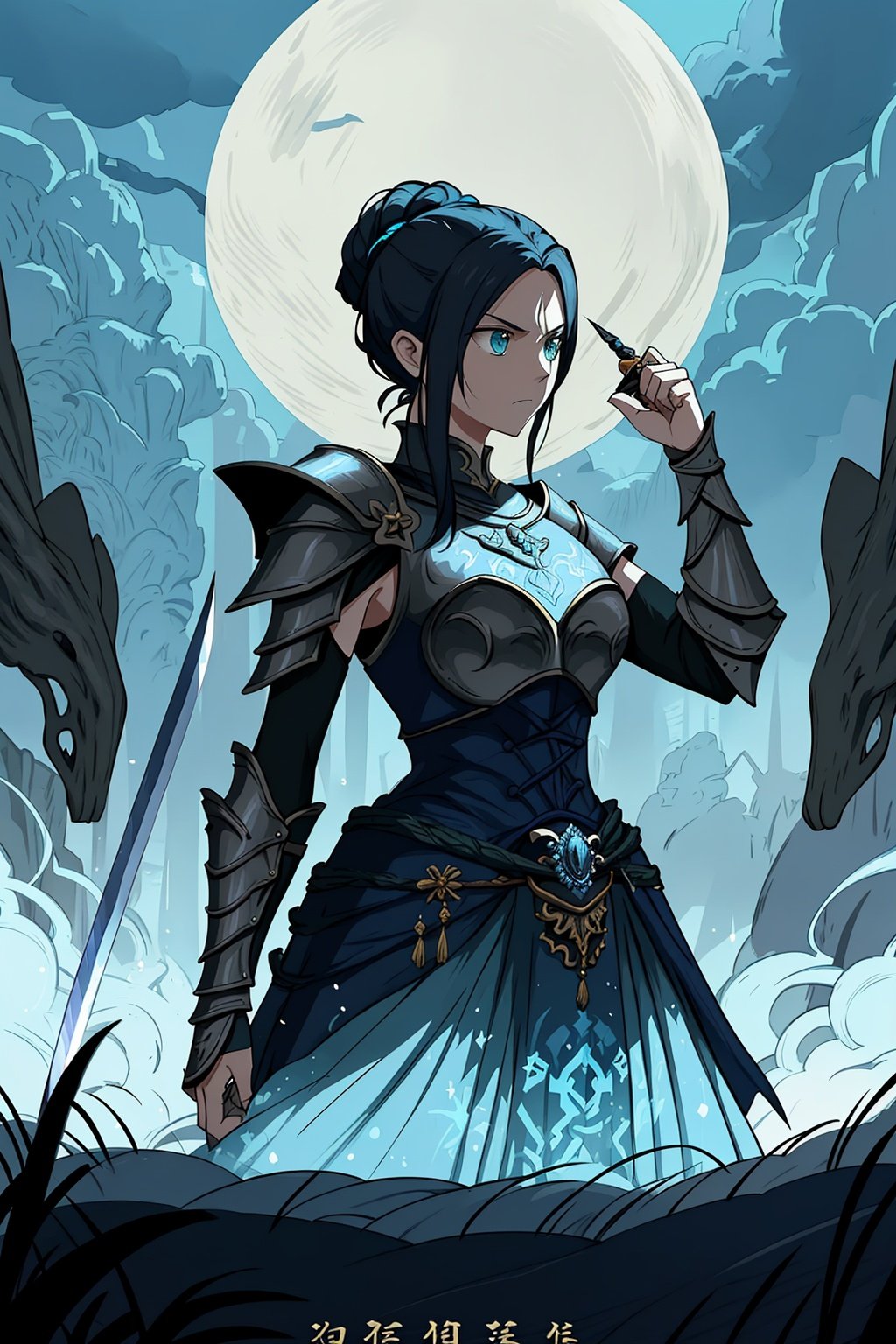 The image features a woman dressed in armor, standing in a field with a sword in her hand. She appears to be a warrior or a character from a fantasy world. The woman is surrounded by a blue light, which adds a mystical and powerful atmosphere to the scene. The sword she holds is prominently displayed in her hand, emphasizing her readiness for battle or adventure.