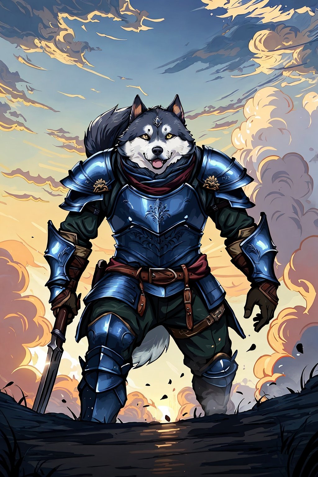 (best quality:1.5),HD,HDR,64K,((highly detailed)),,armor,weapon,cloud,dog,husky,