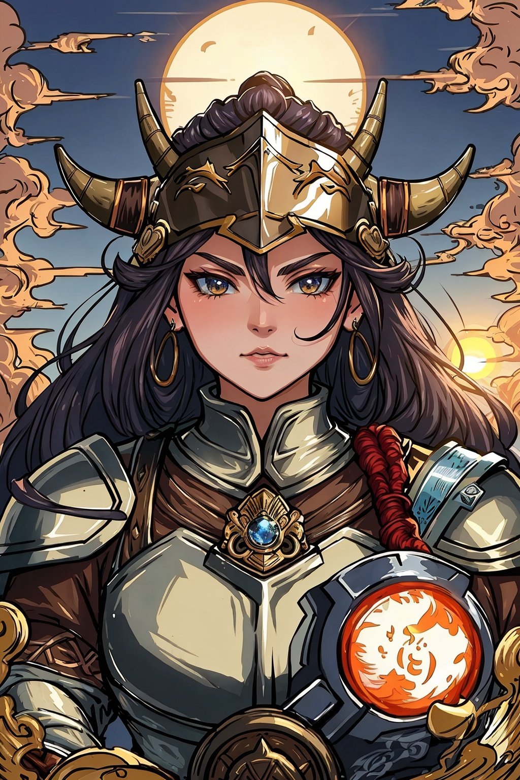 (best quality:1.5),HD,HDR,64K,((highly detailed)),,armor,weapon,helmet,sun,rising sun,slender,horn,nose ring,old cattle,cow warrior,