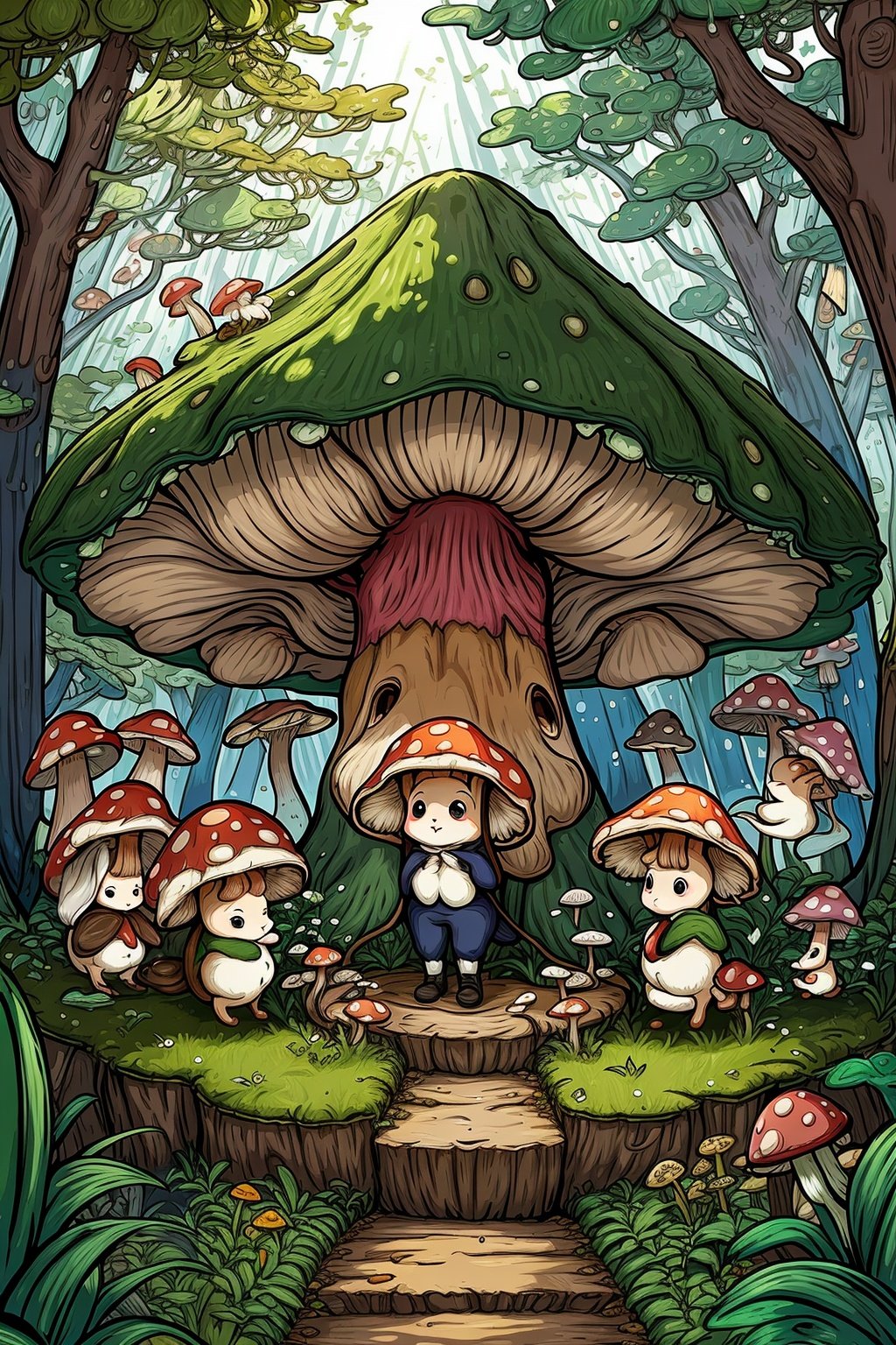  A mushroom boy exploring the enchanted forest, vibrant colors, whimsical atmosphere, magical mushrooms, tiny woodland creatures, playful expressions, curious eyes, mushroom-shaped hat, moss-covered pathways, dappled sunlight, gentle breeze, sparkling dewdrops, towering trees, mystical aura, hidden treasures, mischievous adventures, mushroom village, cozy mushroom houses, mushroom cap umbrellas, glowing mushrooms, friendly forest animals, lively foliage, ethereal ambiance, magical spells, enchanting discoveries, childlike wonder