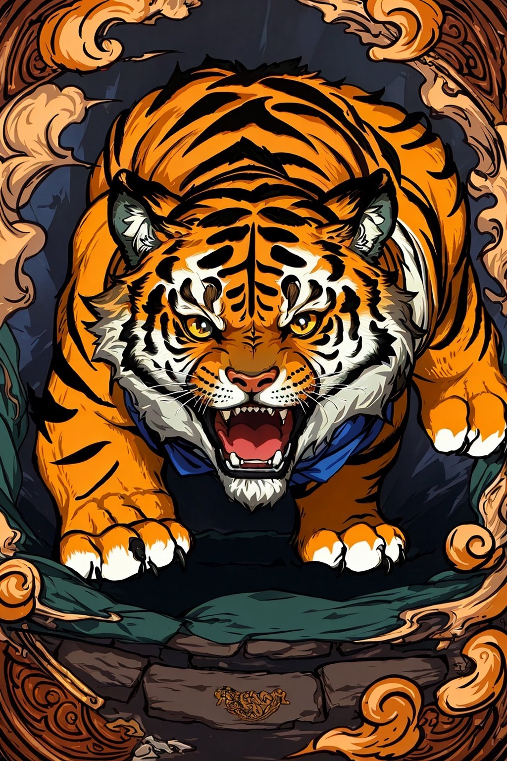 (best quality:1.5),HD,HDR,64K,((highly detailed)),,armor,weapon,tiger,round eyes,fangs,claws,whole body,