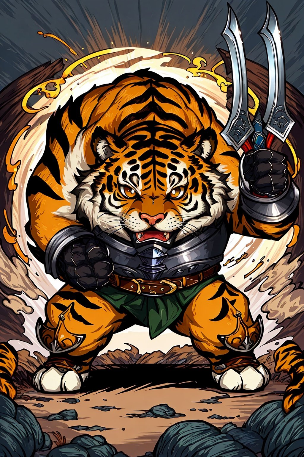 (best quality:1.5),HD,HDR,64K,((highly detailed)),,armor,weapon,tiger,round eyes,fangs,claws,whole body,