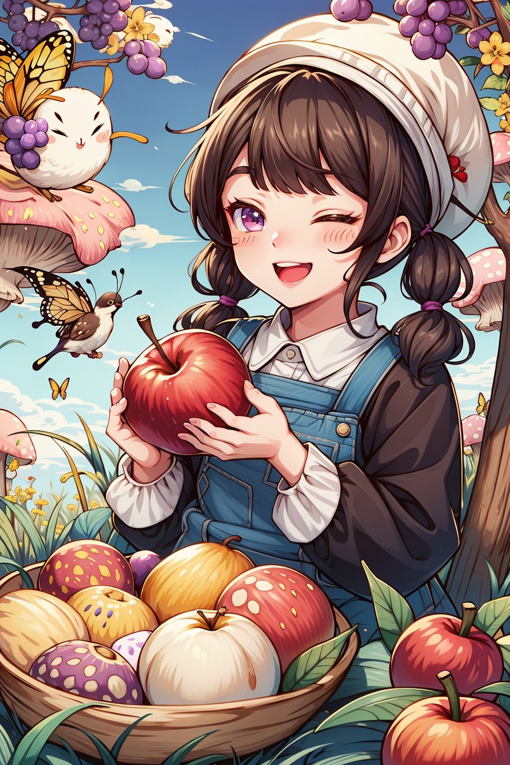  1girl, brown hair, bug, food, fruit, butterfly, grass, twintails, open mouth, one eye closed, apple, smile, cloud, outdoors, bird, blue sky, bangs, tree, sky, day, skirt, blunt bangs, blush, mushroom, purple eyes, hat, jacket, short twintails, shirt, tomato, grapes, overalls, blush stickers