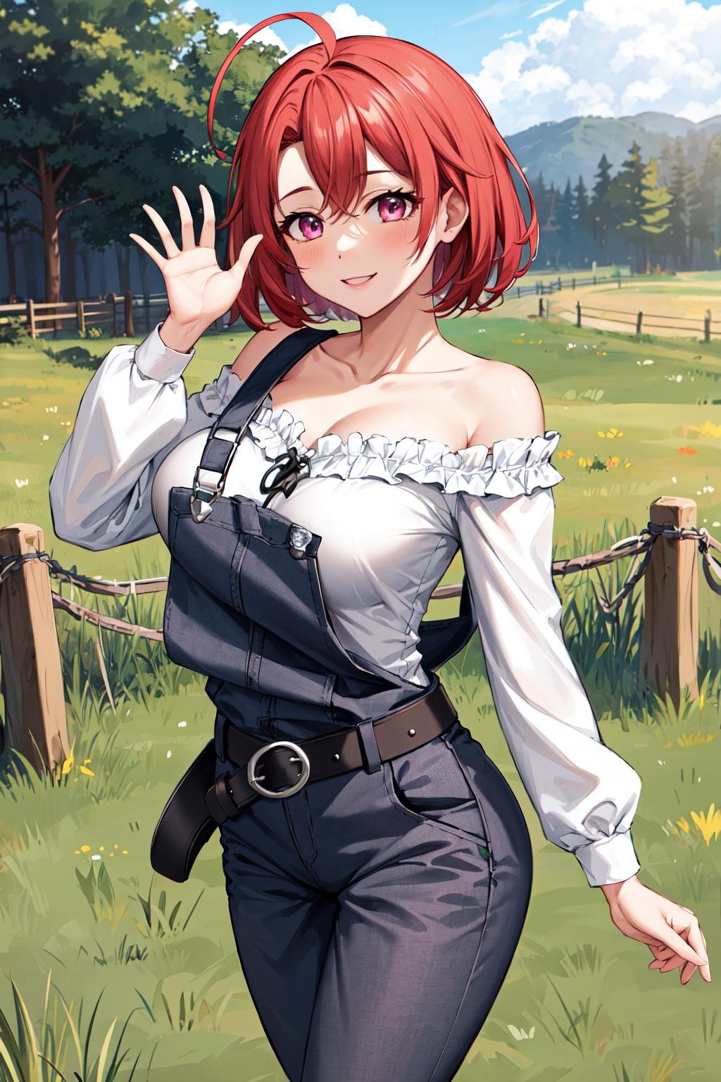 masterpiece, best quality, highres, gscg, ahoge, overalls, white shirt, collarbone, off shoulder, long sleeves, belt, long pants, large breasts, <lora:cow_girl_v1:0.8>, cowboy shot, standing, smile, outdoors, grass, waving, 