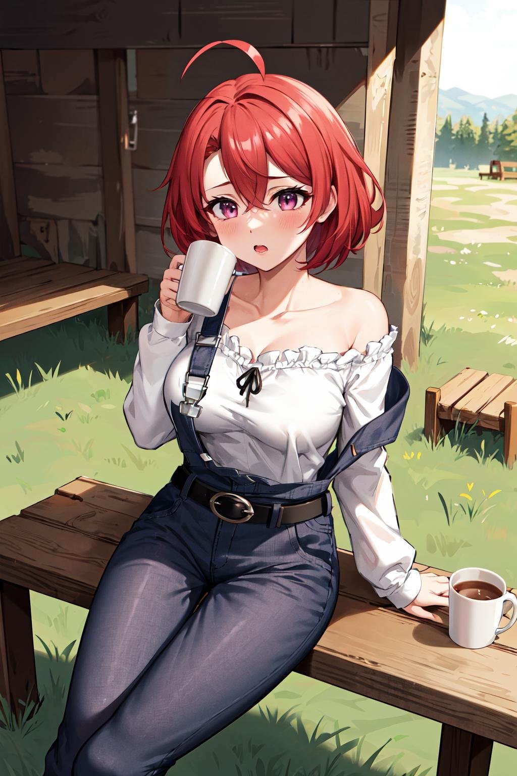 masterpiece, best quality, highres, gscg, ahoge, overalls, white shirt, collarbone, off shoulder, long sleeves, belt, long pants, large breasts, <lora:cow_girl_v1:0.8>, cowboy shot, sitting, milk, bench, grass, outdoors, mug cup,