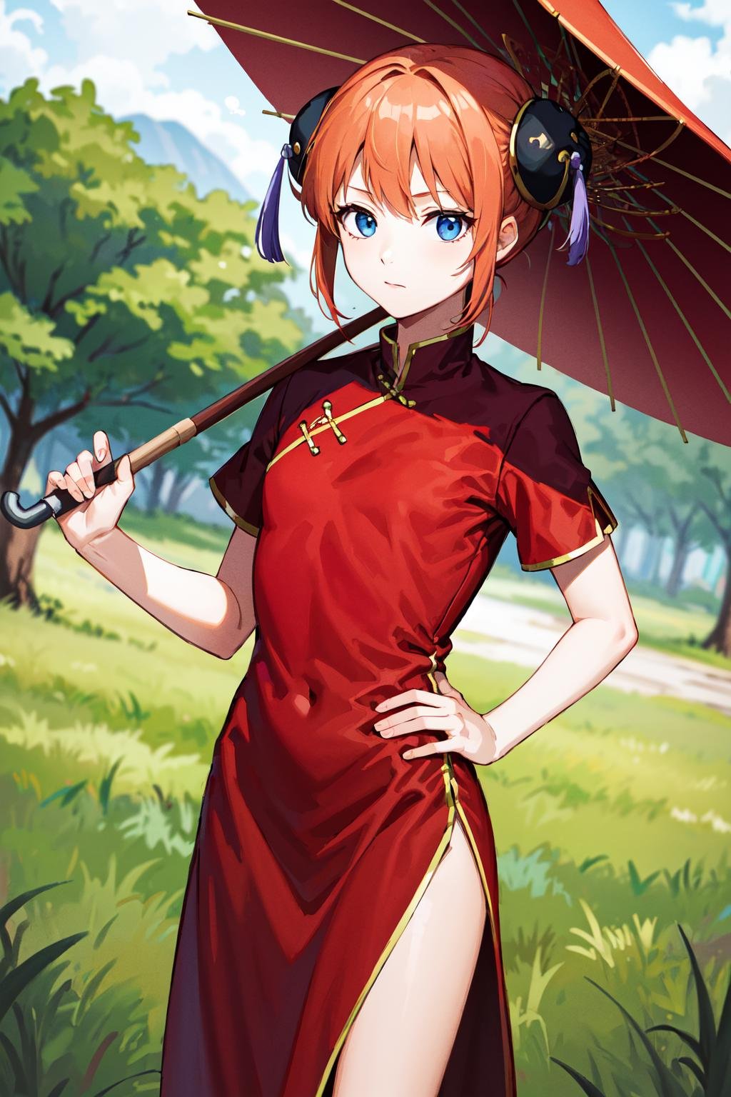masterpiece, best quality, highres, kgr1, red dress, double bun, bun cover, china dress, chinese clothes, knee boots, short sleeves, small breasts, <lora:kagura_v1:0.7>, cowboy shot, hand on hip, closed umbrella, holding umbrella, outdoors,