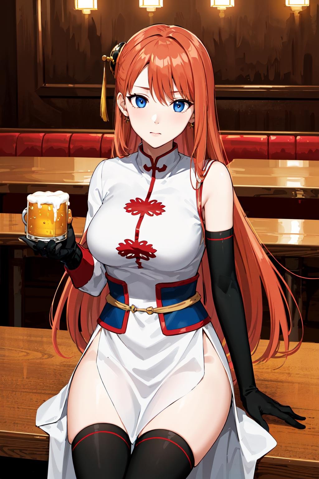 masterpiece, best quality, highres, kgr2, 1girl, long hair, gloves, white dress, asymmetrical gloves, chinese clothes, side slit, black gloves, china dress, uneven gloves, elbow gloves, thighhighs, <lora:kagura_v1:0.7>, cowboy shot, sitting, beer mug, restaurant, table,