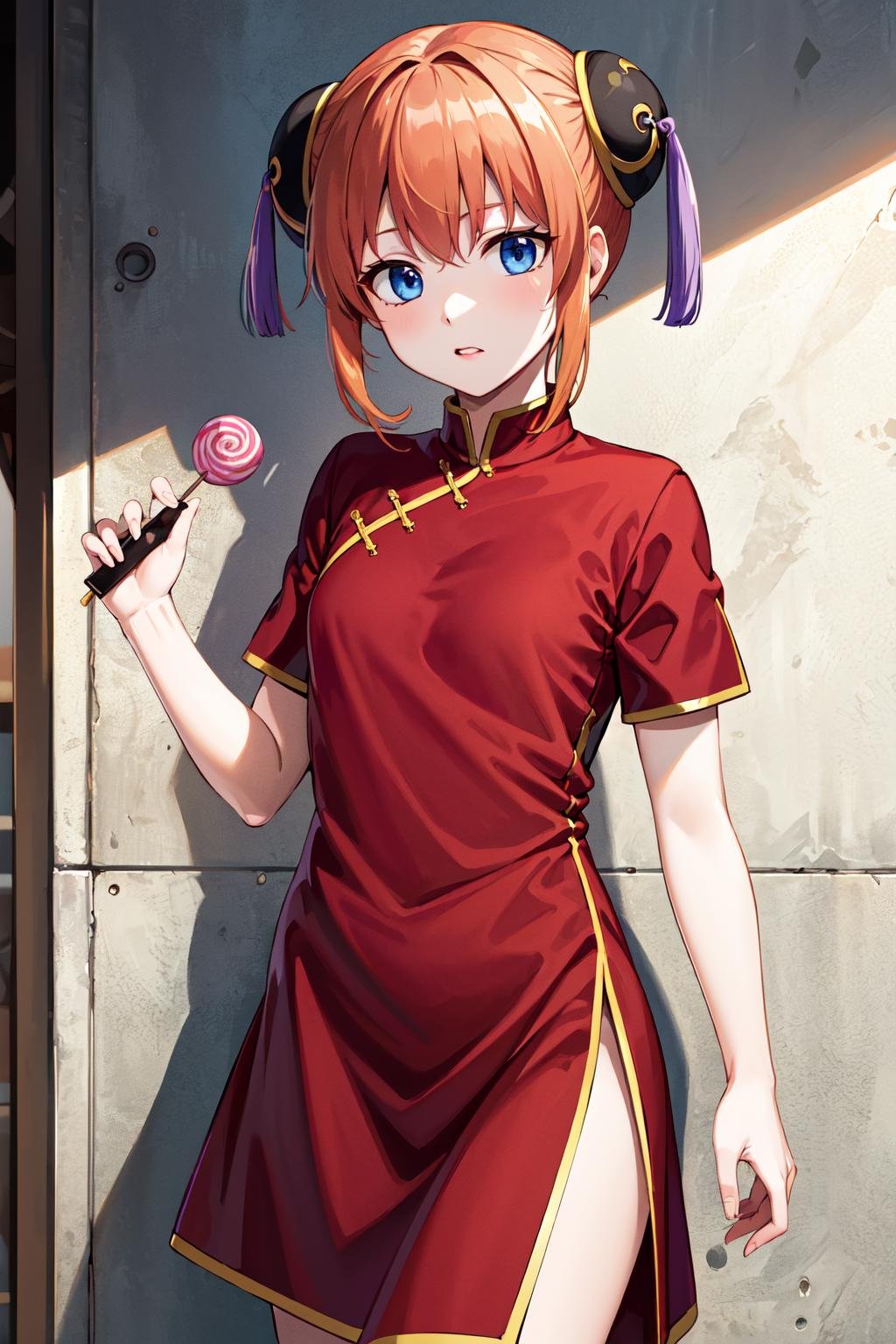 masterpiece, best quality, highres, kgr1, red dress, double bun, bun cover, china dress, chinese clothes, knee boots, short sleeves, small breasts, <lora:kagura_v1:0.7>, cowboy shot, street, holding candy, 