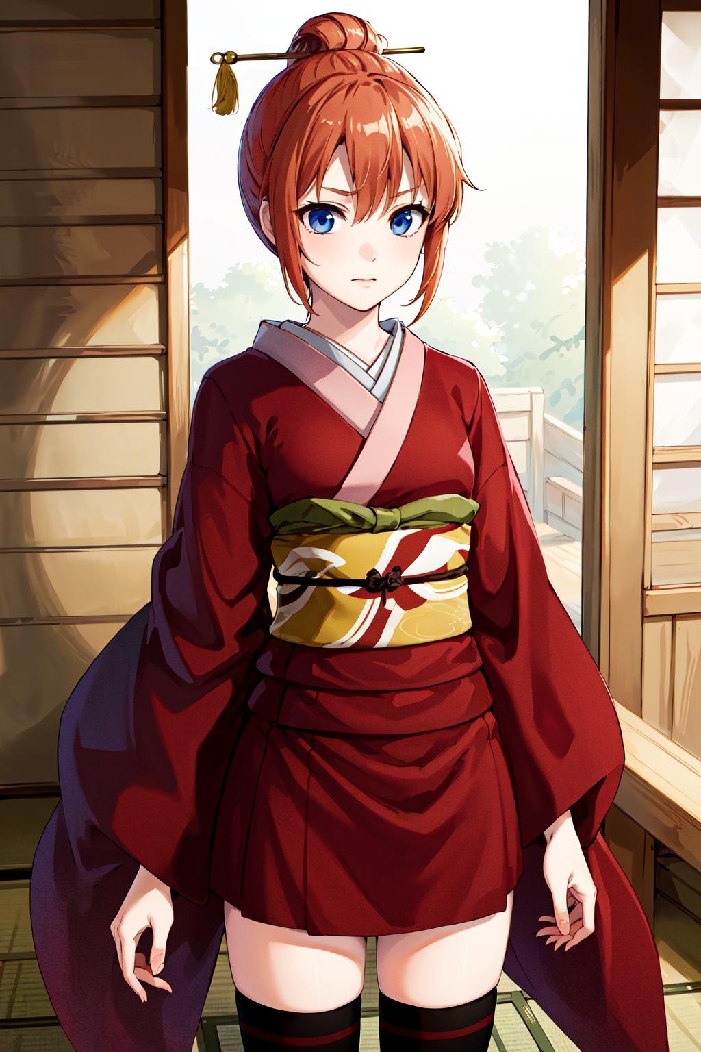 masterpiece, best quality, highres, kgr3, thighhighs, japanese clothes, striped thighhighs, red kimono, short kimono, obi, sash, short hair, <lora:kagura_v1:0.7>, cowboy shot, standing,