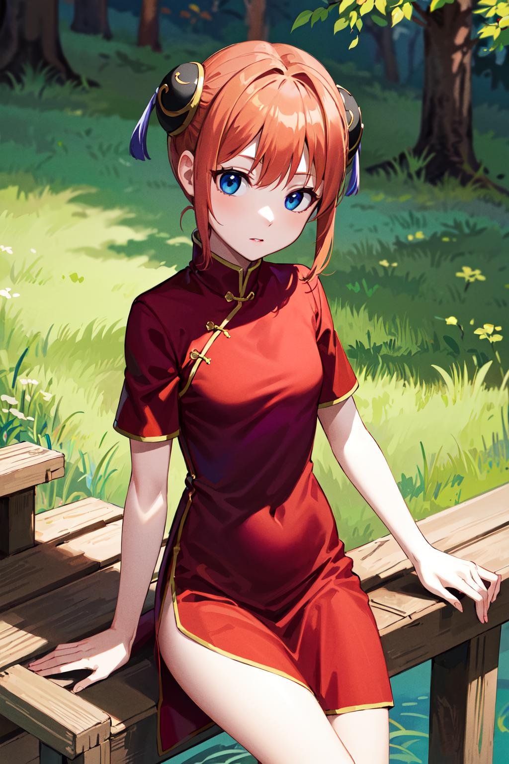 masterpiece, best quality, highres, kgr1, red dress, double bun, bun cover, china dress, chinese clothes, knee boots, short sleeves, small breasts, <lora:kagura_v1:0.7>, cowboy shot, sitting, outdoors