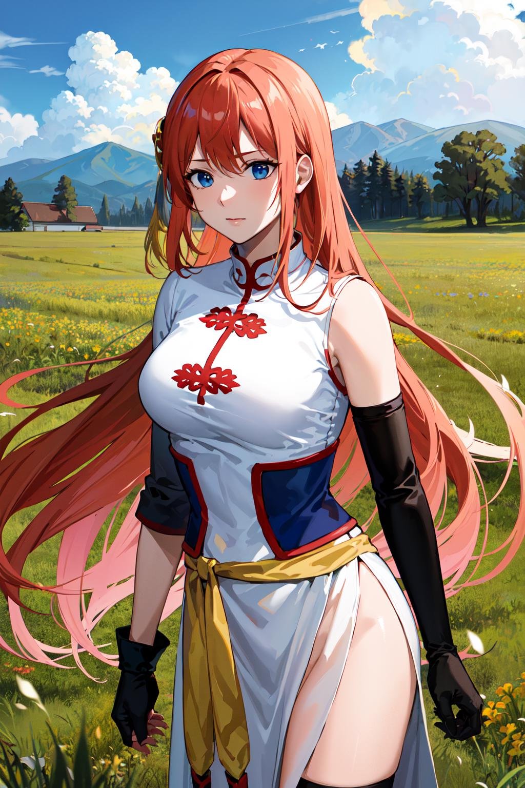 masterpiece, best quality, highres, kgr2, 1girl, long hair, gloves, white dress, asymmetrical gloves, chinese clothes, side slit, black gloves, china dress, uneven gloves, elbow gloves, thighhighs, <lora:kagura_v1:0.7>, cowboy shot, outdoors,field, grass,
