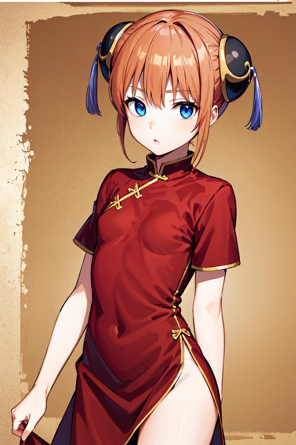 masterpiece, best quality, highres, kgr1, red dress, double bun, bun cover, china dress, chinese clothes, knee boots, short sleeves, small breasts, <lora:kagura_v1:0.7>, cowboy shot,