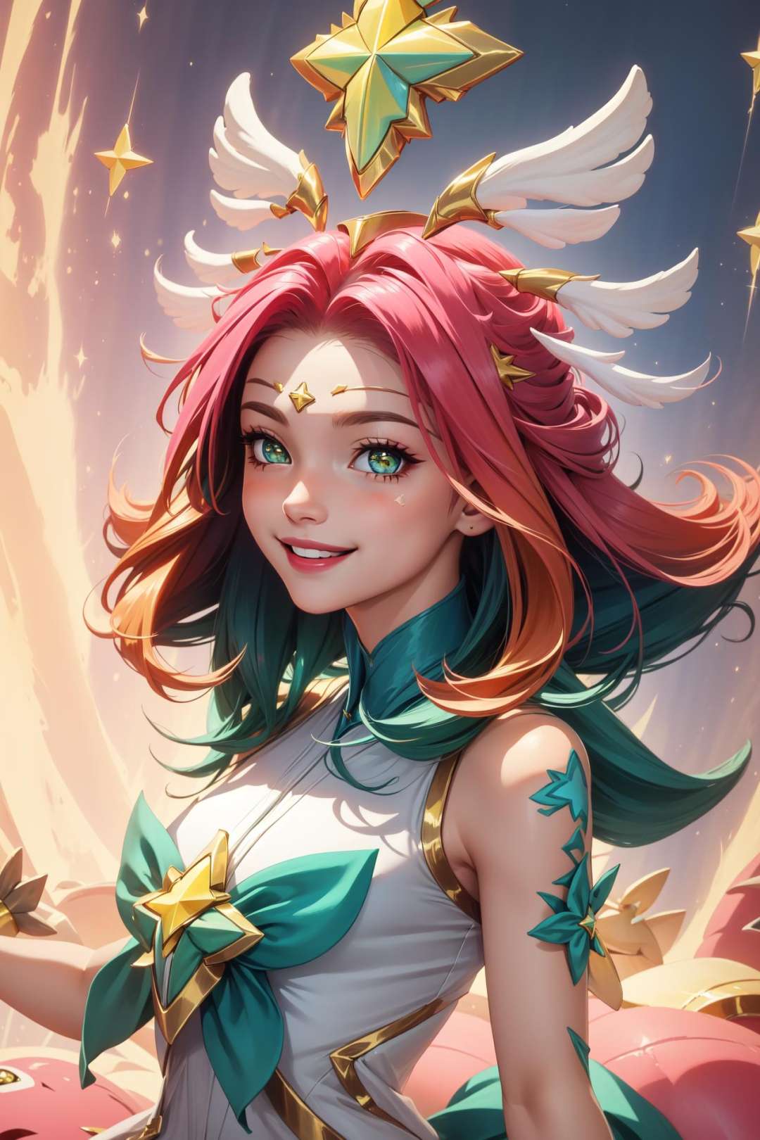 (Masterpiece:1.4), (best quality:1.2), <lora:star_guardian_neeko-000014:1>, star guardian neeko, 1girl, multicolored hair, dress, star guardian \(league of legends\), magical girl, tail, hair ornament, smile, upper body