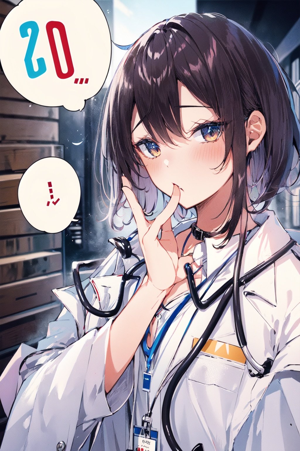 , (masterpiece:1.2), best quality,PIXIV,kakao,1girl, solo, stethoscope, labcoat, looking to the side, shirt, ..., lanyard, doctor, collared shirt, upper body, id card, spoken ellipsis, closed mouth, bangs, medium hair<lora:kakao_20230625170838-000016:0.9>