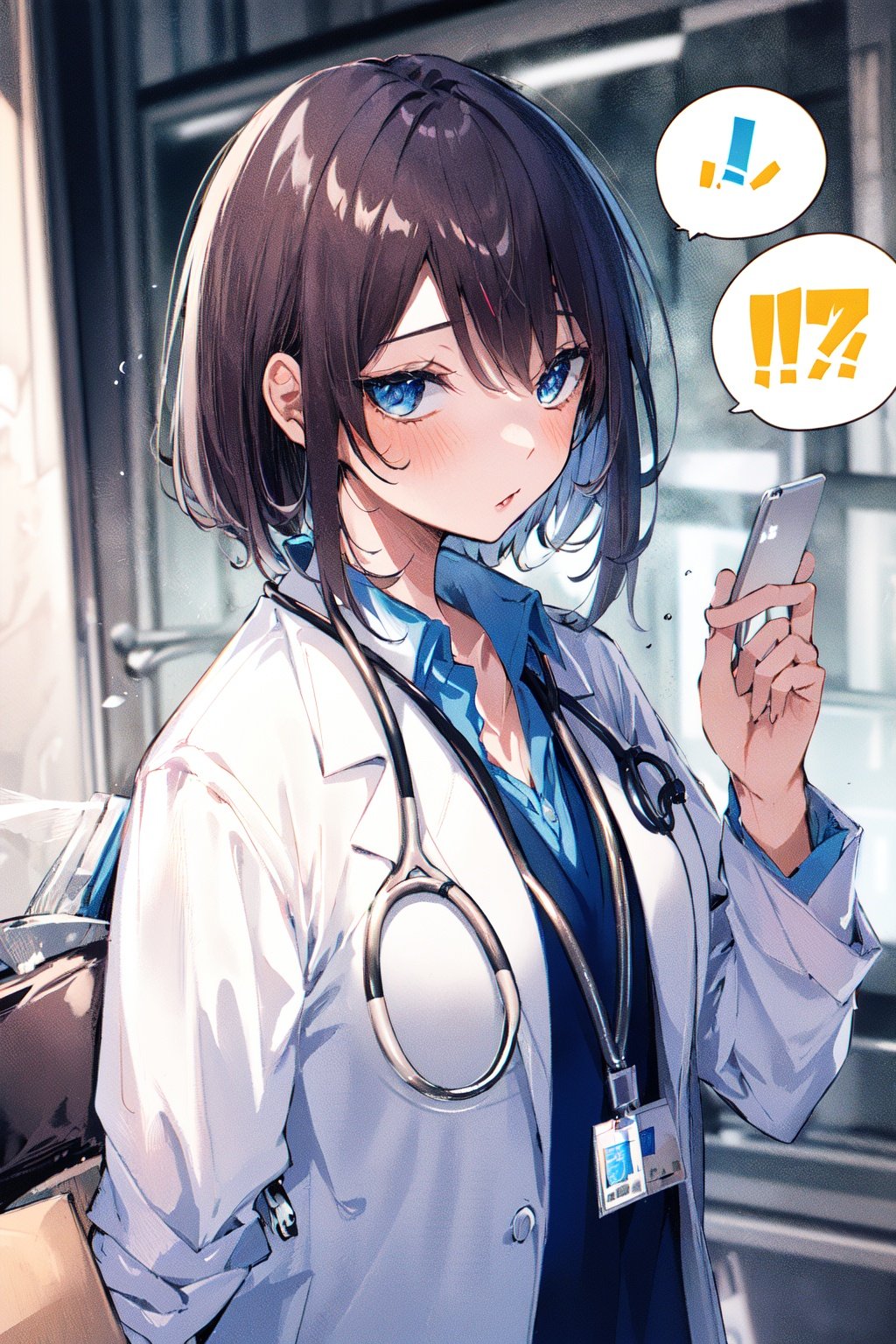 , (masterpiece:1.2), best quality,PIXIV,kakao,1girl, solo, stethoscope, labcoat, looking to the side, shirt, ..., lanyard, doctor, collared shirt, upper body, id card, spoken ellipsis, closed mouth, bangs, medium hair<lora:kakao_20230625170838-000016:0.9>