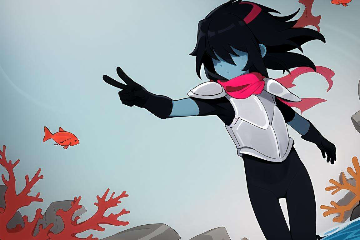 masterpiece, best quality, highres, 1other, hair over eyes, colored skin, solo, blue skin, androgynous, black bodysuit, bodysuit, black hair, gloves,red scarf,  <lora:KrisDeltarune:0.9>, (armor), 1girl, underwater, coral, :c, outdoors, perfect hands, hand out of frame, swimming, 