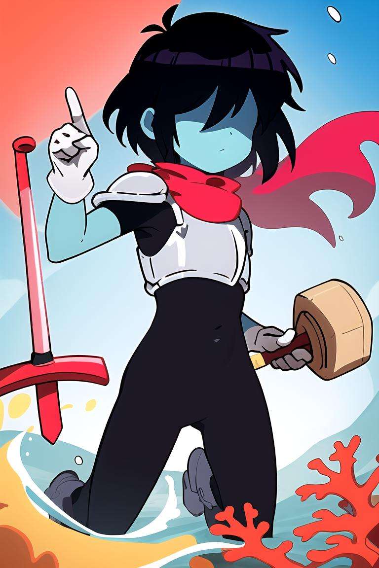 masterpiece, best quality, highres, 1other, hair over eyes, colored skin, solo, blue skin, androgynous, black bodysuit, bodysuit, black hair, gloves,red scarf,  <lora:KrisDeltarune:0.8>, (armor), 1girl, underwater, coral, :c, outdoors, perfect hands, hand out of frame, swimming, sword, weapon, holding, 