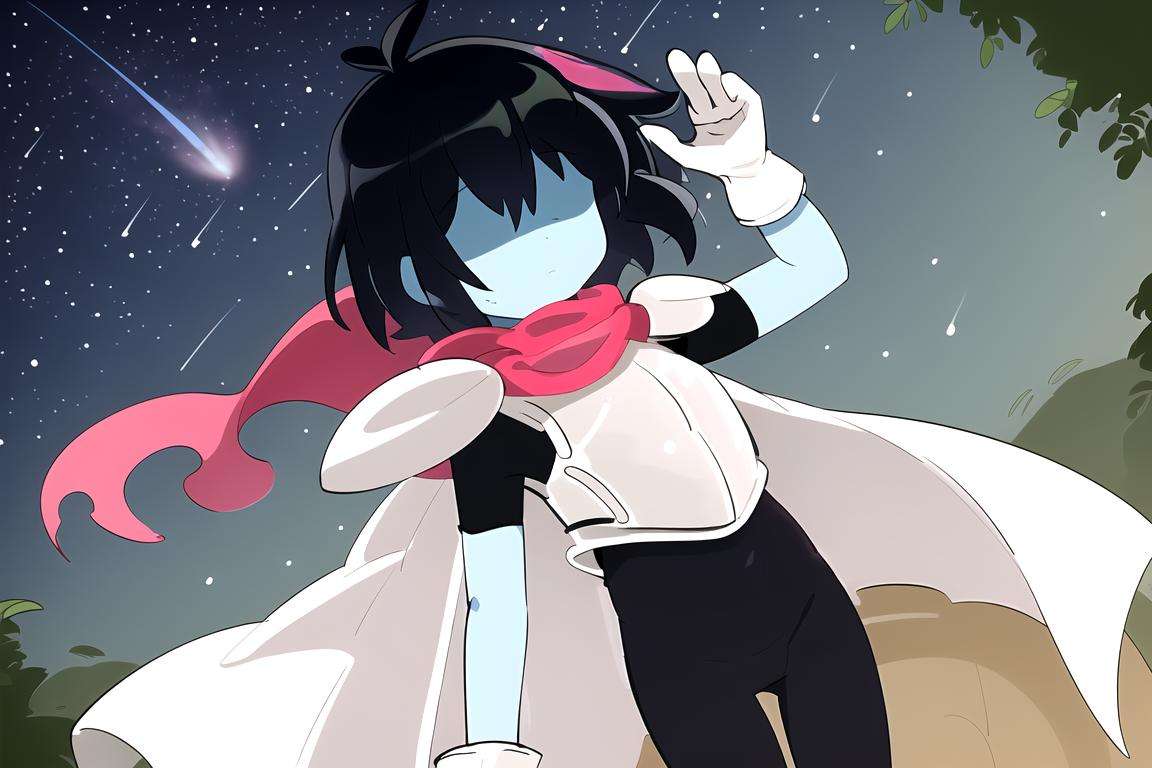 masterpiece, best quality, highres, 1other, hair over eyes, colored skin, solo, blue skin, androgynous, black bodysuit, bodysuit, black hair, gloves,red scarf,  <lora:KrisDeltarune:1>, (armor), 1girl, night, starry sky, :c, outdoors, perfect hands, hand out of frame, 
