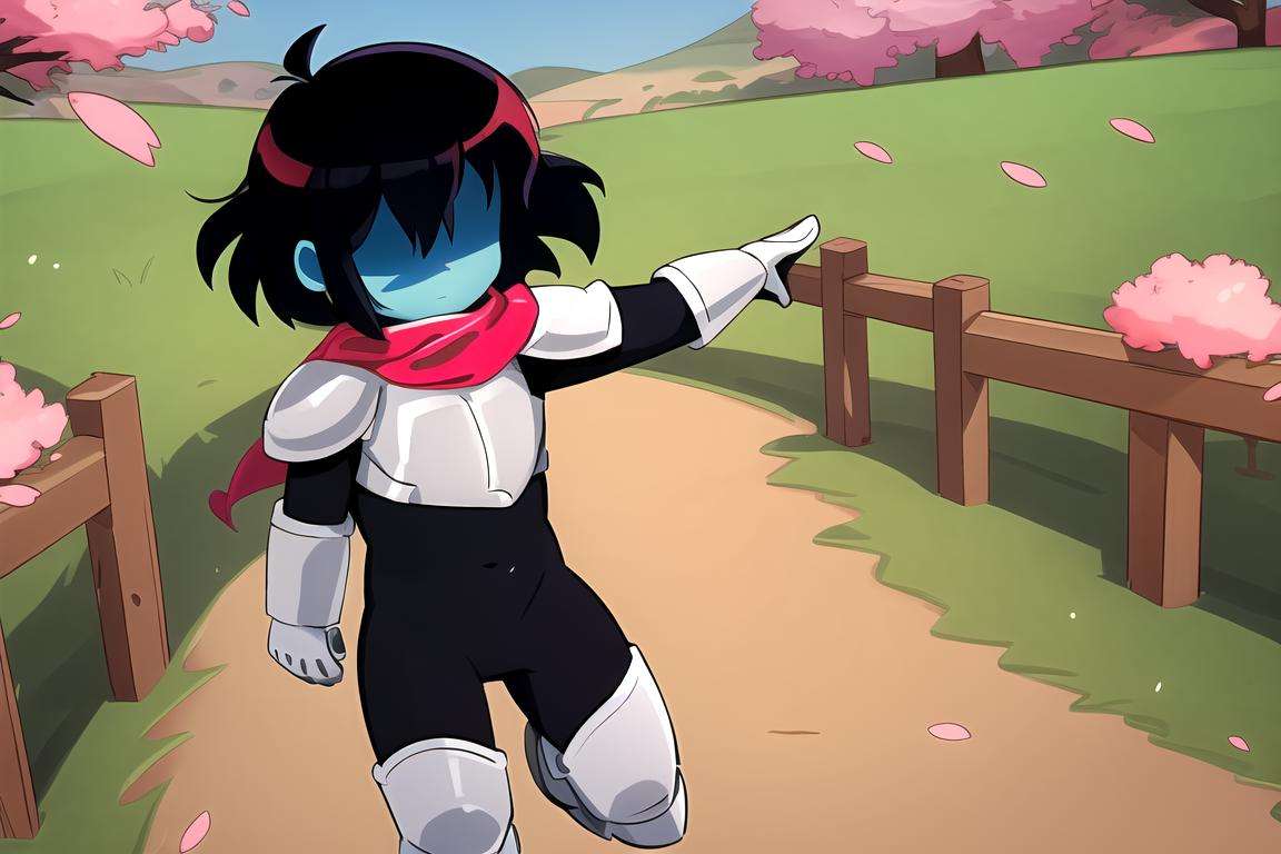 masterpiece, best quality, highres, 1other, hair over eyes, colored skin, solo, blue skin, androgynous, black bodysuit, bodysuit, black hair, gloves,red scarf,  <lora:KrisDeltarune:1>, (armor), 1girl, cherry blossom, :c, outdoors, perfect hands, hand out of frame, 